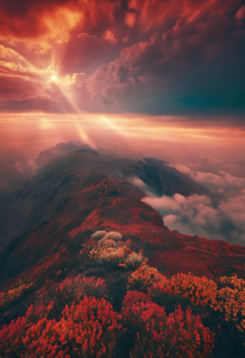 Crepuscular Rays: Enchanting sunlight through gaps in the clouds, Produces a beam of light that appears to converge at a certain point.