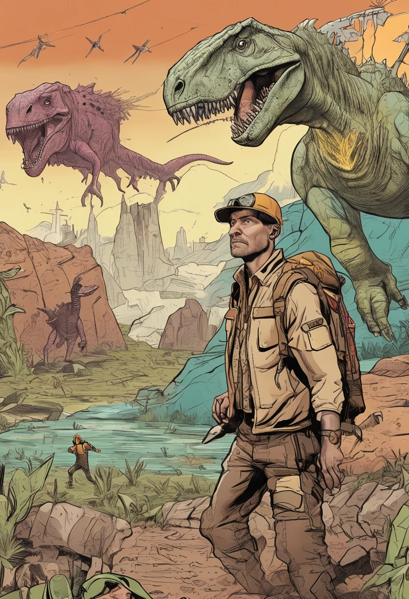 a man with a backpack and a stick standing on a giant alligator head with a full moon in the background, Filip Hodas, sci fi fantasy, poster art, fantasy art, <lora:ColorStyle-000005:.7>,