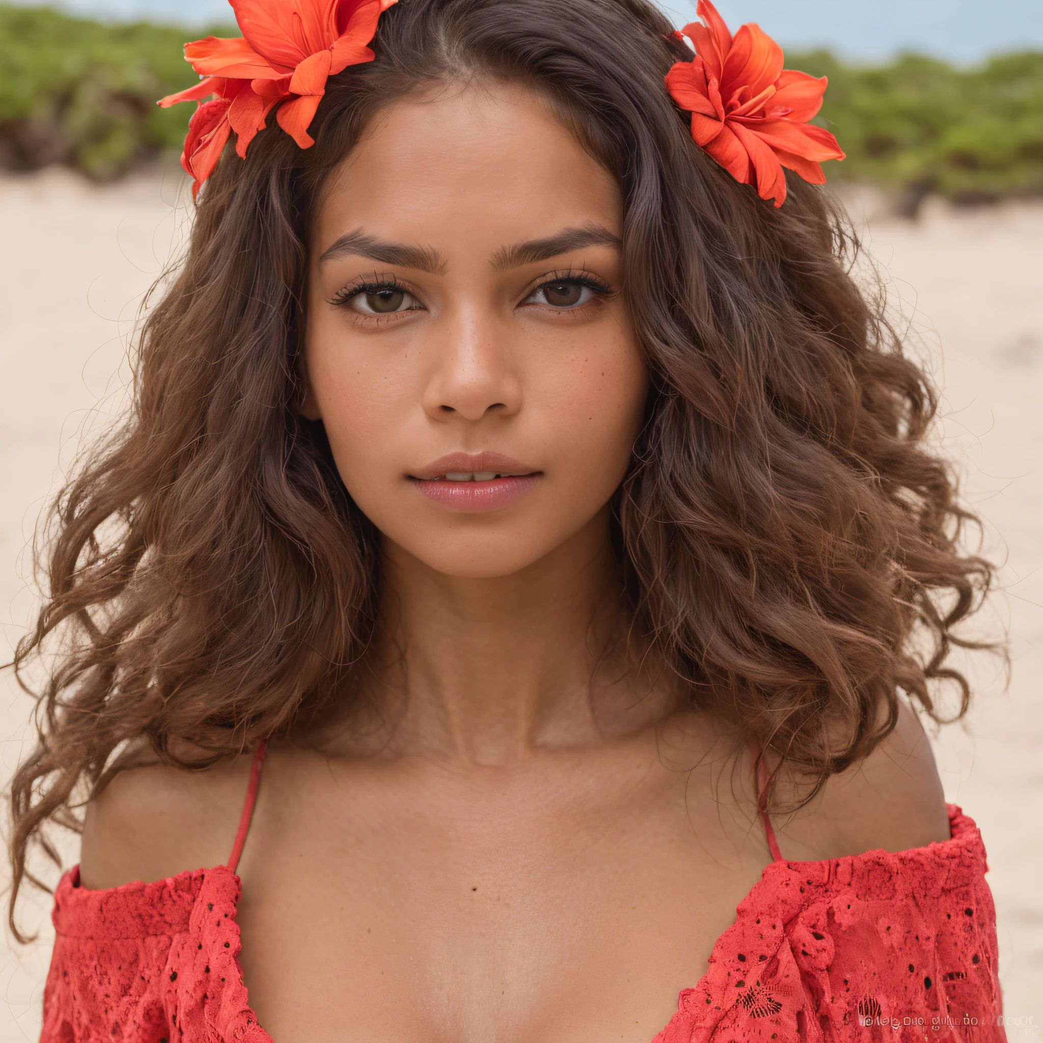 "Retrato de corpo inteiro da menina atraente com cabelo encaracolado, figura pequena, beach setting, ROUPAS COLORIDAS, beautiful face, Red flower behind ear decorating, pele morena do Sol, Mulher Latina, Central American Woman, Dominican Republic. Mostre sua beleza natural. ((pele altamente detalhada, detalhes da pele)), alegre, foco nítido, 8k UHD, DSLR, alta qualidade, filmic grain, luz de aro, cromo koda, seios grandes estourando (((tiro de corpo inteiro))),