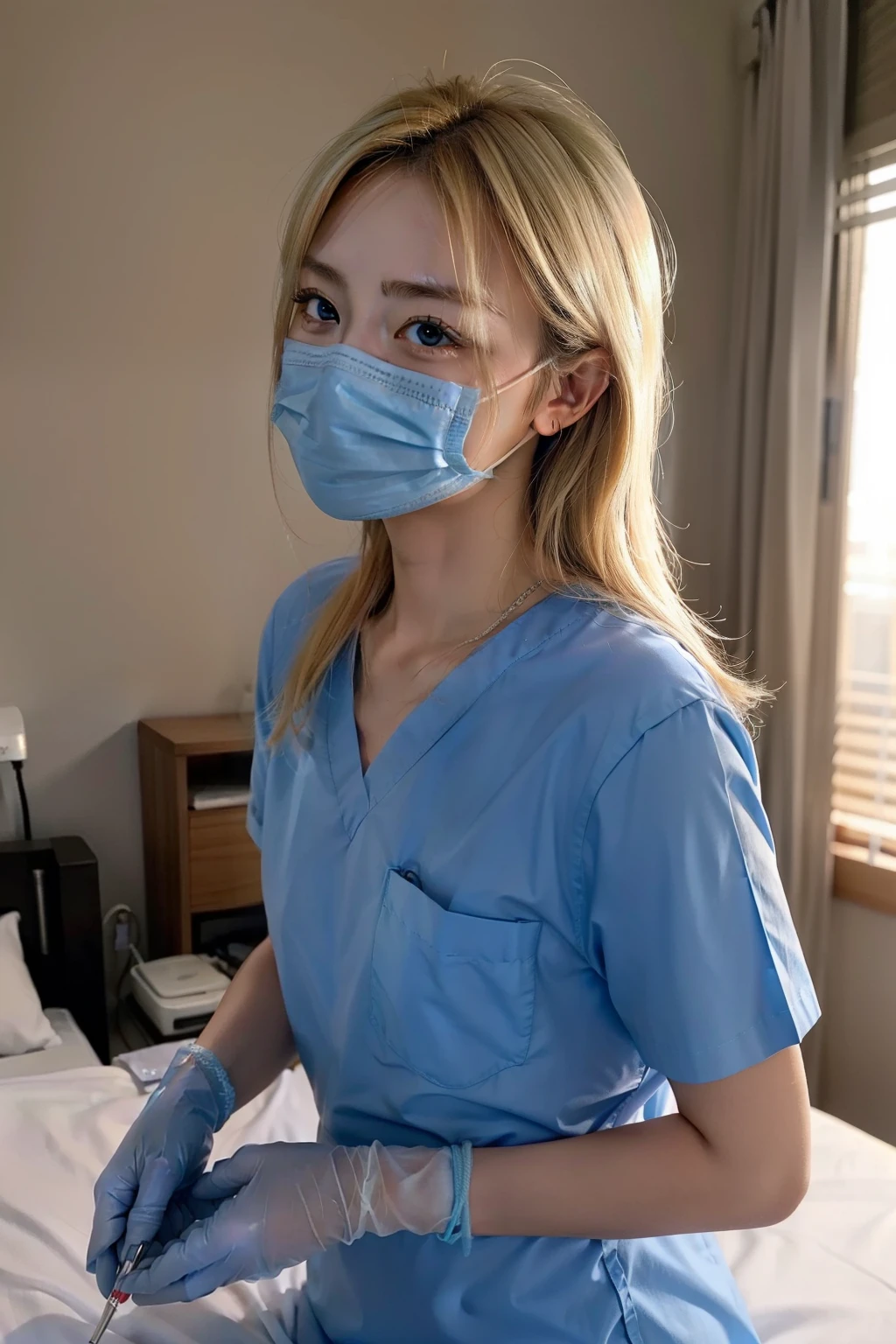 Gripping the male genitalia、In bed in a hospital room、Woman in light blue shirt、surgical mask、rubber glove、surgeon, holding syringe,laugh、nurse girl, in 8K, healthcare worker, Surgery IV, Nurse, surgical mask covering mouth, hyper realstic, (doctor)、((blondehair))、Highly detailed facial and skin texture、A detailed eye、二重まぶた、((top-quality、8K、masterpiece:1.3)
