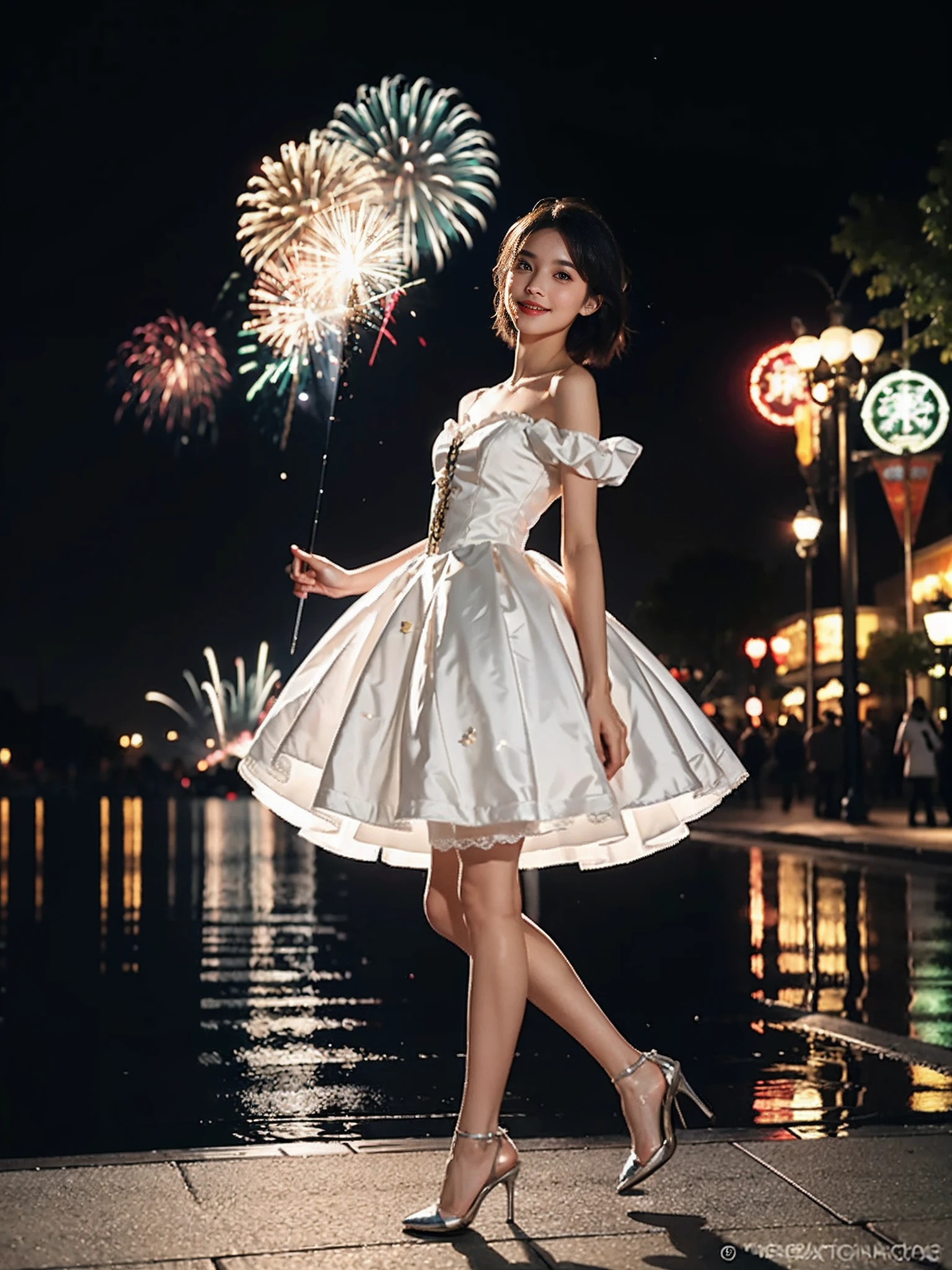 ((smallunderboob,Tomboyish,small heads)), (Well-defined abs: 1.1), (perfect bodies: 1.1), (shoulder-length straight short hair: 1.2), Black hair, upper body photos, attractive collarbone，（极其细致的CG 8k壁纸），（Extremely refined and beautiful），（Masterpiece），（best qualtiy：1.0），（超高分辨率：1.0），beautiful light up，Perfect lightning，realistic shaded，[A high resolution]，Smooth and flawless fair skin，ultra - detailed ，Elongated legs，flatchest，Slim，emaciated，Smile，cheerfulness，Gorgeous fairy tale princess ta dress，White crystal high heels,Holding Fireworks Stick in hand，summer，night，At Disneyland，Large fairytale castle，Fireworks all over the sky，Clear starry sky，Crowded crowds，bustling pedestrian street，Close-up