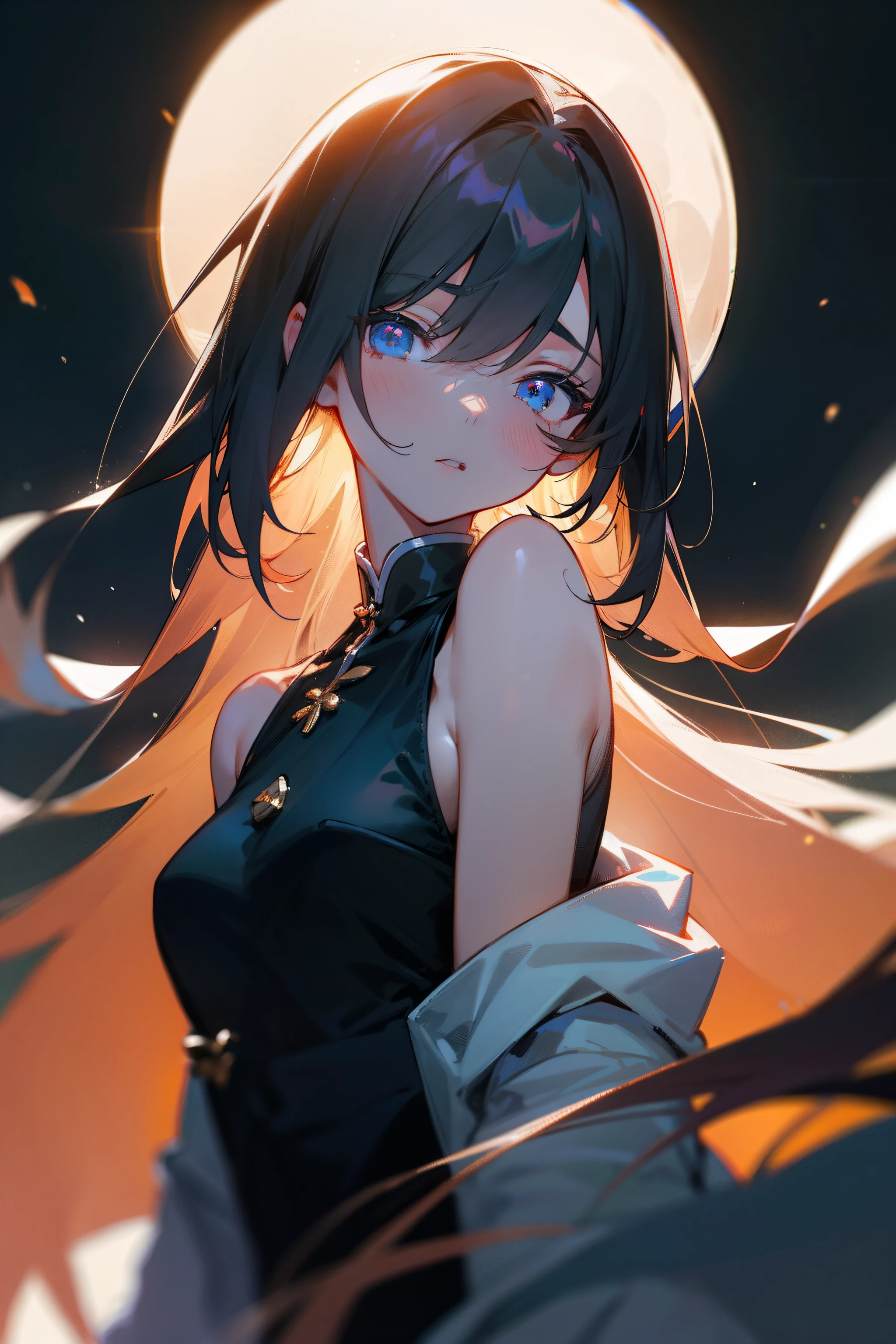 best qualtiy,tmasterpiece,超高分辨率,(真实感:1.4),RAW photogr,1girl,cropped shoulders,in the darkness nigth,deep shading,low tune,cold light,long whitr hair,The eyes are clear and bright