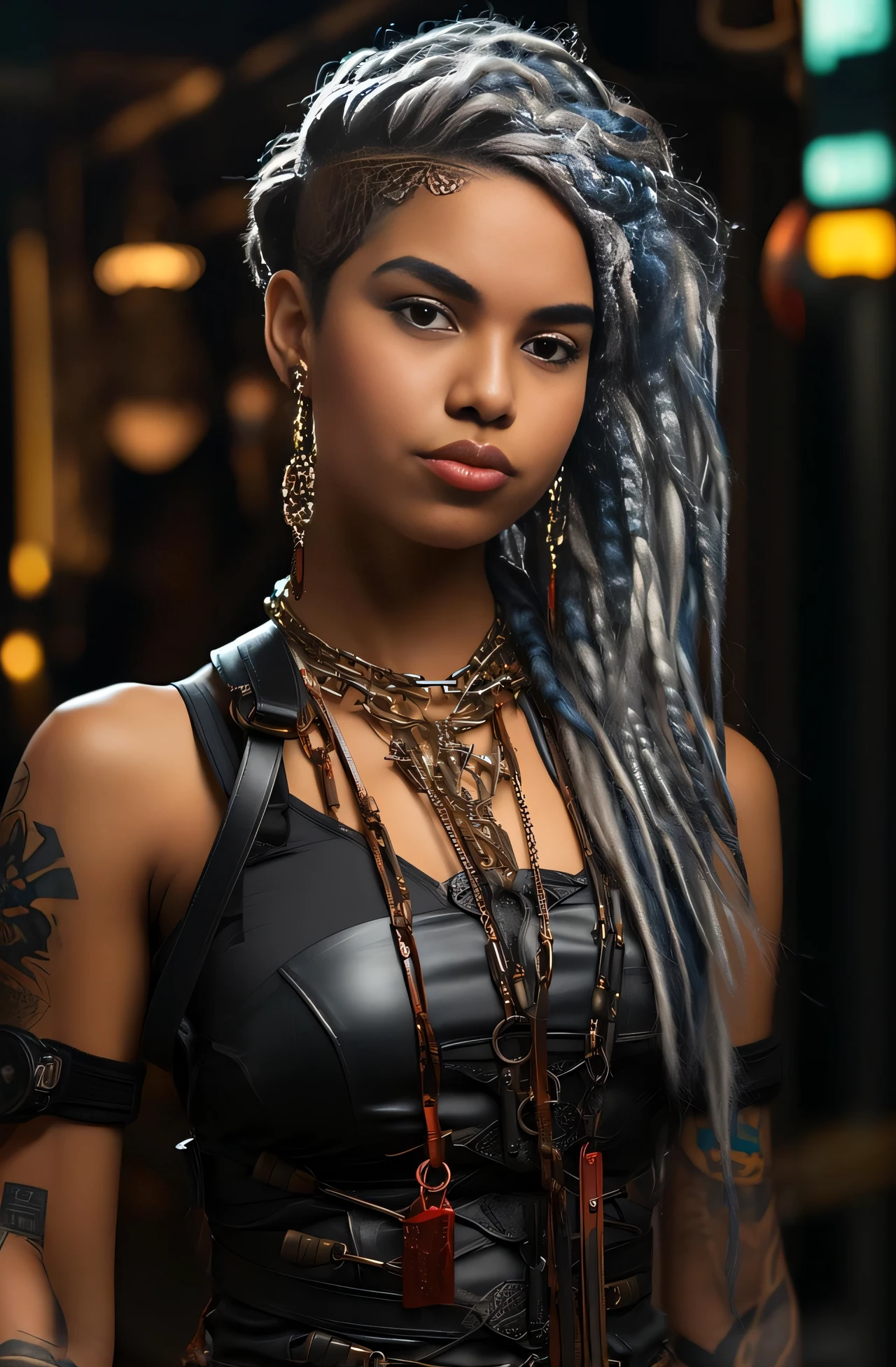 um close up de uma mulher com cabelos longos usando uma roupa de couro, modelo bonito da mulher cyberpunk, Loba Andrade de Apex Legends, Retrato de Ororo Munroe, Fantasia sombria cyberpunk sedutora, cyberpunk zangada deusa linda, cyberpunk bonita, Cyberpunk 2 0 e. o modelo menina bonita da menina cyberno estilo cyberpunk, in a cyberpunk setting