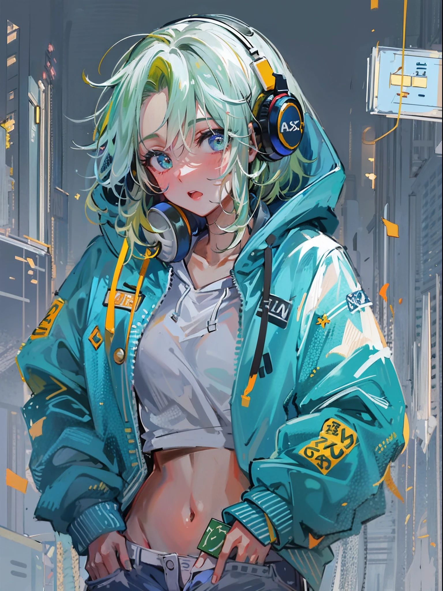 8K分辨率、((top-quality))、((masterwork))、((ultra-detailliert))、1 woman、独奏、incredibly absurdness、Oversized Hoodies、headphones、street、plein air、Sateen、neons、Shortcut Hair、Brightly colored eyes、Hands in pockets、shortpants、water dripping