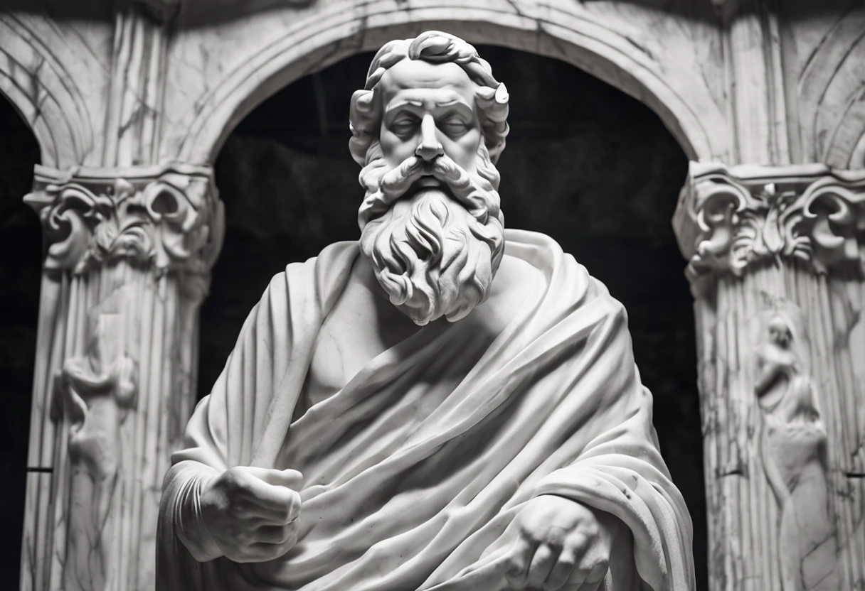 White marble statue of bust of wise man with Greek beard philosopher style in temple. atmosfera escura, ato contraste de luz e sombra, fotografia profissional, utrarealista, volumetric light, cinemactic