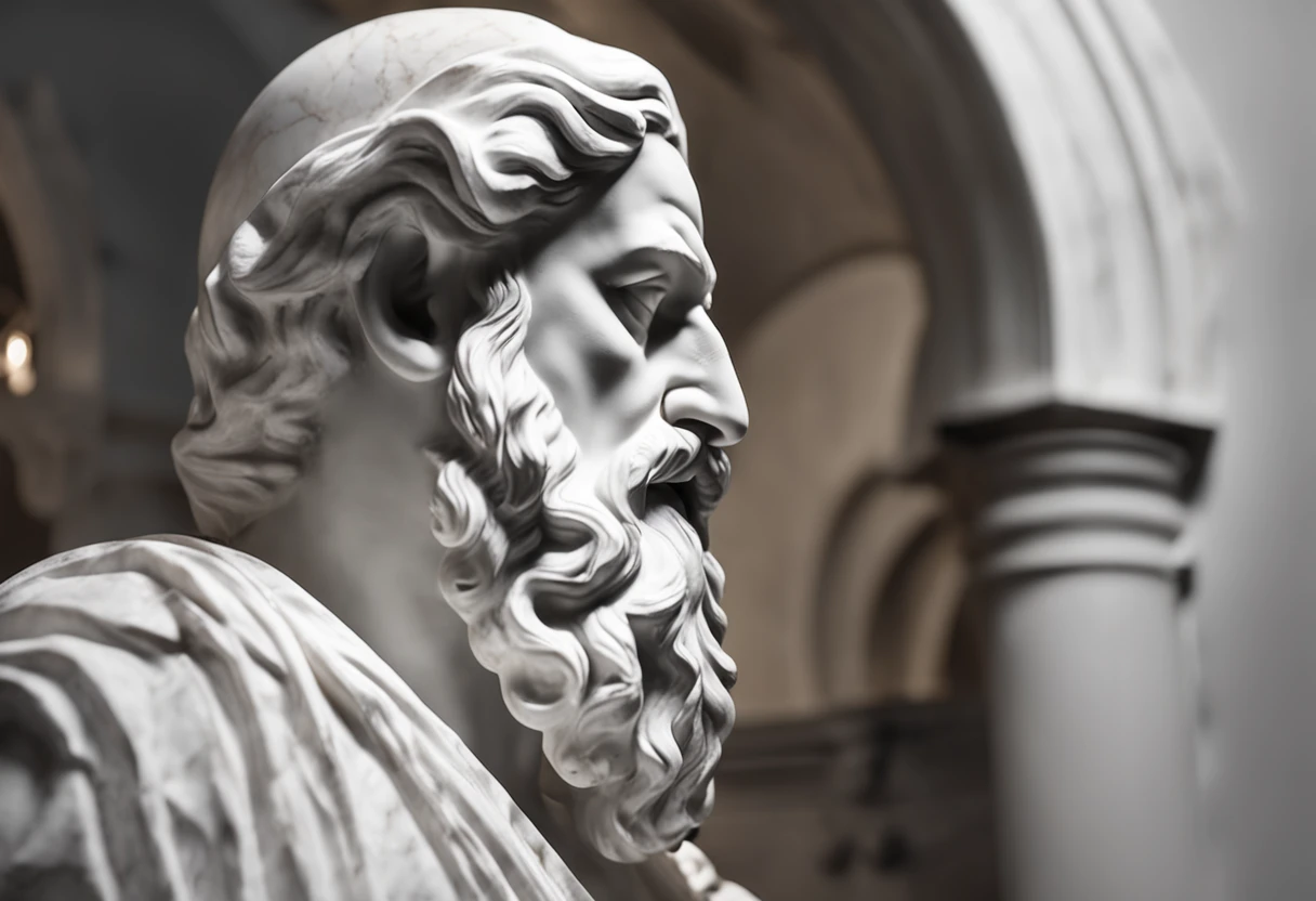 White marble statue of bust of wise man with Greek beard philosopher style in temple. atmosfera escura, ato contraste de luz e sombra, fotografia profissional, utrarealista, volumetric light, cinemactic