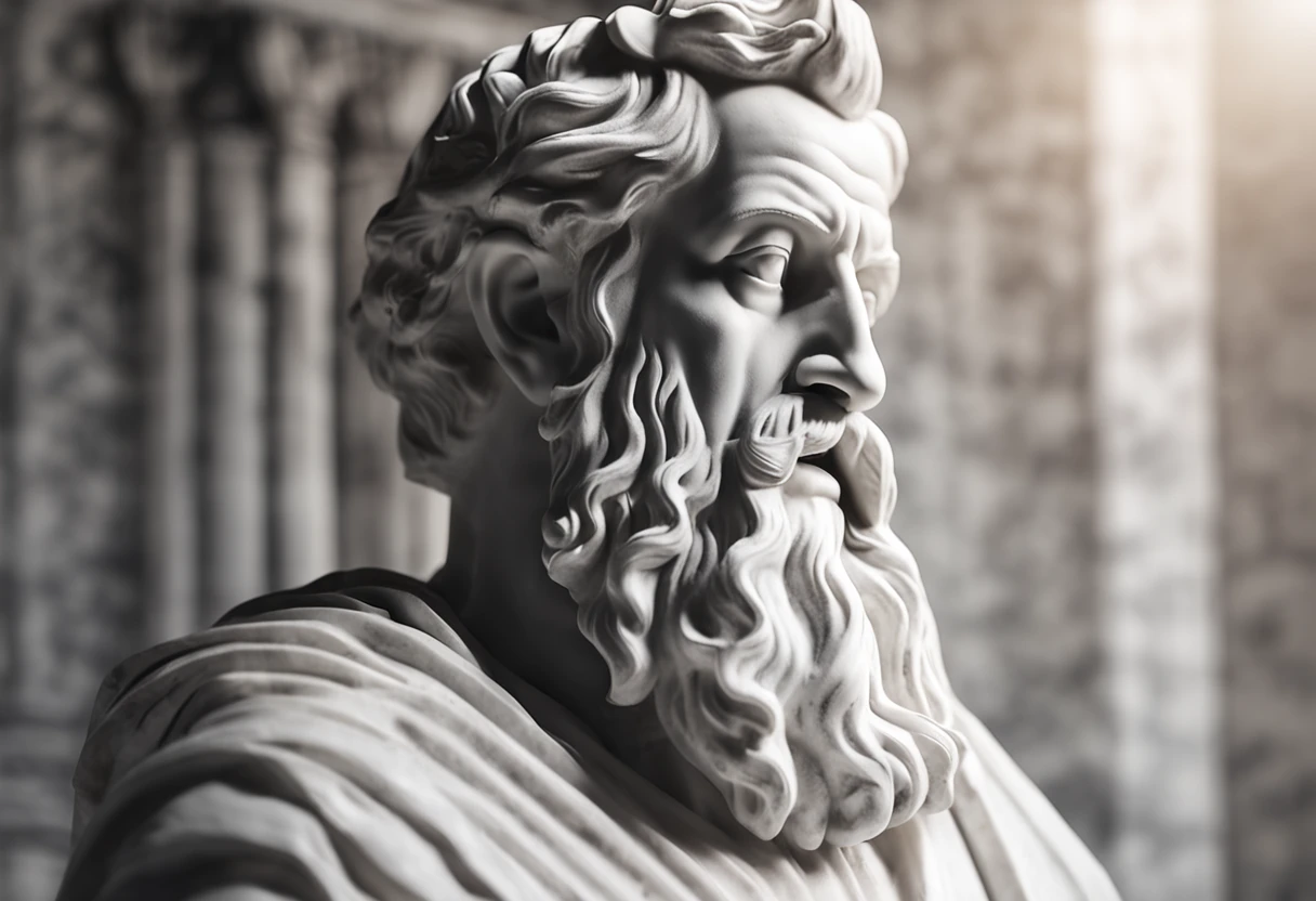 White marble statue of bust of wise man with Greek beard philosopher style in temple. atmosfera escura, ato contraste de luz e sombra, fotografia profissional, utrarealista, volumetric light, cinemactic