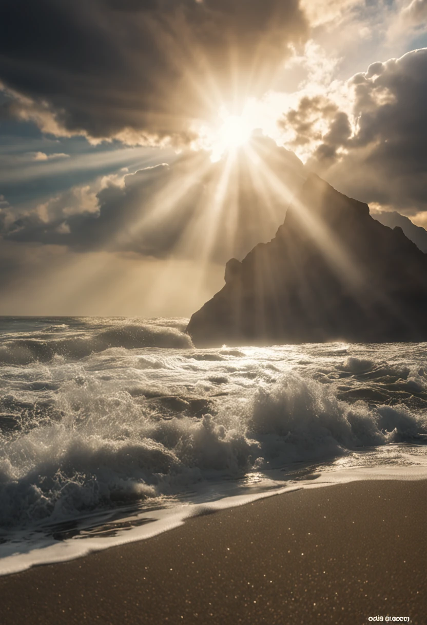 The sun shines through the clouds and the ocean,Rocks and waves, god sun rays, rays of god shining from above, Sunlight breaks through the clouds, god's rays, light of god, god's rays, sunrays between clouds, god's rays highly detailed, light coming from above, holy light rays, god light, god light, God - Ray