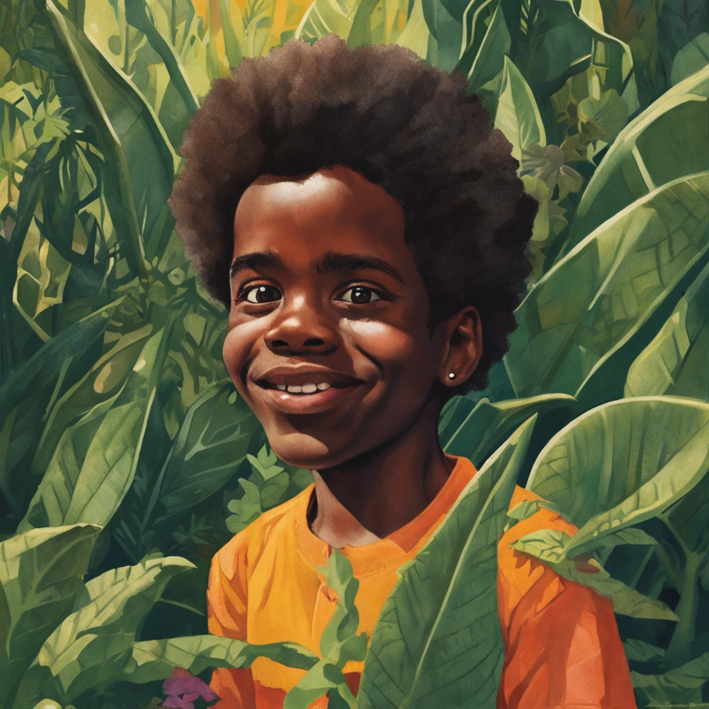 In surrealist art, A verdant background is depicted, It has lush plants and diverse foliage. In plants, We saw an Afro-Brazilian boy, Black skin Bright eyes peek from behind the bushes,Leaves covered half of his face，The mischievous expression and mischievous smile stood out on his face. Half of the boy's face is clearly in focus, Let the audience see the tiny details of his expression. There was a fascination in his eyes、Naughty glow, And the arched eyebrows added a hint of malice to her gaze. The nose is slightly flattened，with very thin lips, Bend over to reveal a mouthful of small white teeth .He doesn't wear a shirt，A plain red hat is worn on his head