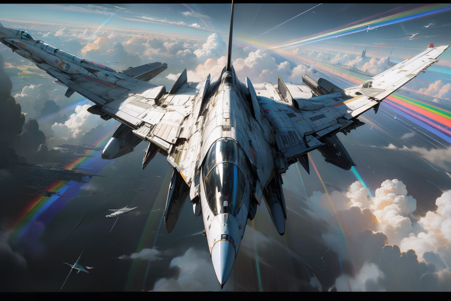 exudes realism, symmetry of one jet fighter with rainbow colors speed line, flying above the clouds, reflection, symmetry, oil painting with fine art, 16k resolution, high contrast, hyper real, intricate detailed, ultra quality, best quality, expert precision including intricate examples of undeniably amazing image quality and detailed design,