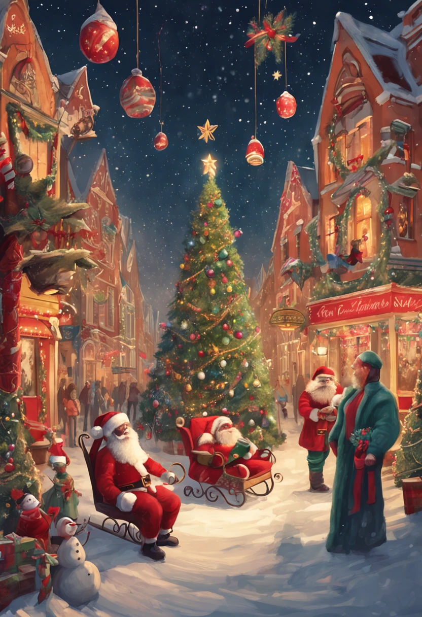 With a cheerful background, this drawing shows Santa Claus and his reindeer having fun at a Christmas party. The paintings are characterized by bright colors and delicate details, making the viewer feel a joyful and warm atmosphere.
In the evening background, a quiet snowy scene is matched by a cold starry night.
Santa Claus, dressed in a gorgeous red dress, stands on an ornate Christmas stage.
With a wide smile on his face, Santa raises a bag full of presents in both hands and showers presents around the reindeer and other partygoers.
The reindeer dressed themselves in colorful ribbons, some danced merrily, and some teased each other.
Christmas elves have set up a gorgeous stage and decorations for the party, where they are dancing and singing merrily to celebrate Christmas.
Next to the stage, there is a huge Christmas tree, decorated with colorful lights and all kinds of gorgeous decorations.
There are also some other festive elements in the background, such as colored lights, snowmen, gift piles, etc., to heighten the carnival party atmosphere.
This painting combines the Santa theme with the atmosphere of carnival and joy, showing the unique charm and warmth of Christmas. Viewers can appreciate the painting and feel the atmosphere of happiness and reunion brought by Christmas.
