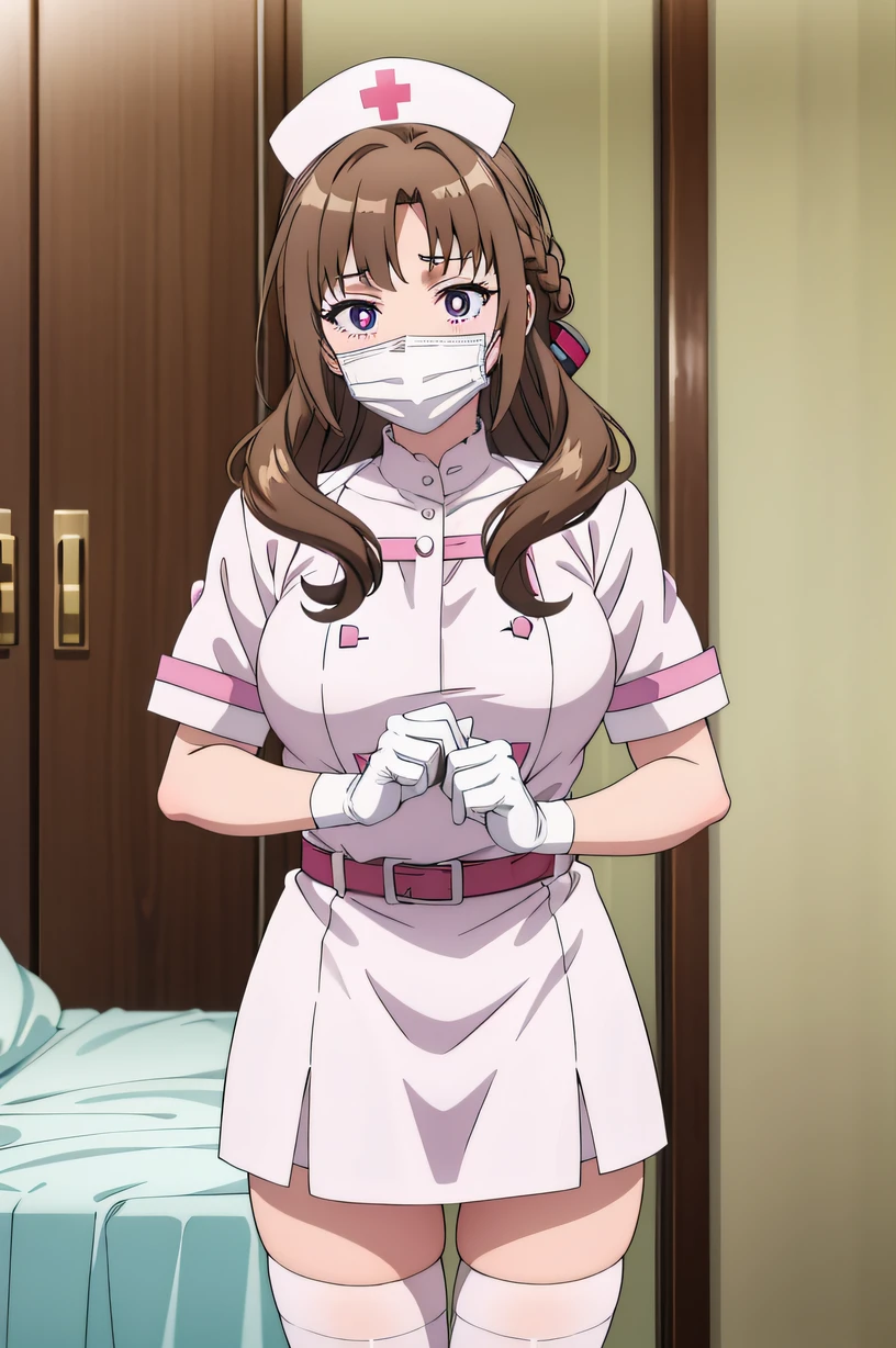 mamako_oosuki, long hair, brown hair, purple eyes, mature female, large breasts, bright pupils, ribbon, solo, Nurse, ((White nurse cap, White nurse uniform)), ((White legwear, zettai ryouiki)), White Gloves, ((White surgical mask, Cover the nose)), Standing, ((Hospital room)), sharp outline, Short sleeves, Best Quality, masutepiece