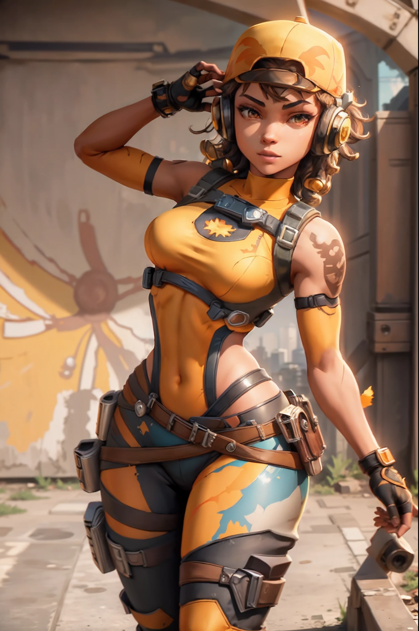 dark art, thick outlines, comics, photorealistic, perfect hands, masterpiece:1.2, city, blue sky, 1 girl, solo, wide hips, cute pose, tracer, brown hair, brown bomber jacket, chest harness, white vambraces, orange bodysuit, orange leggings, short hair, brown eyes, small breast, detailed background, detailed face, detailed eyes, cap turned inside out, headphones on