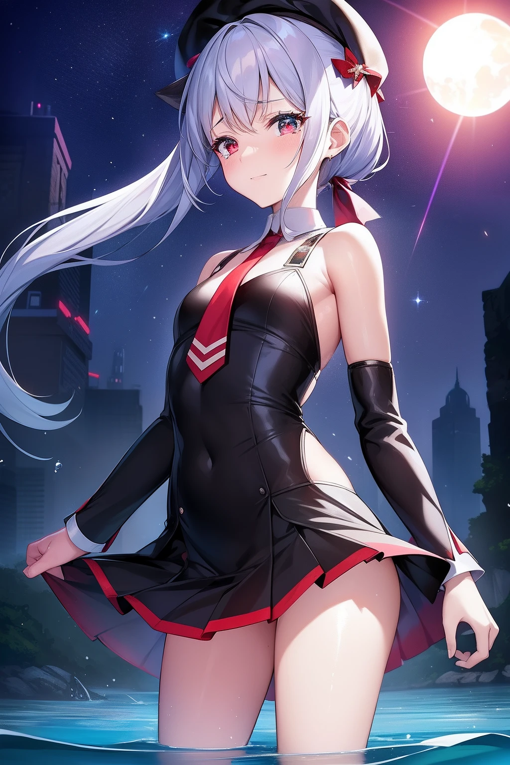 Cat ears twin tails,She is tall, Slender Adult Woman,small pectoral muscle,flat chest,She has a flat chest, ((flat chest))Her hair has silver twin tails and cat ears,Tie two black ribbons to your hair, She wears a black beret, She has a very flat chest like a cutting board, flat-chest, She wears a school uniform, She wears a red tie on her chest, A morning of sparkling iridescent Milky Way and hopeful lights, Iridescent Crystal Gemstones, Is pale skinned,She cries、Sheds a lot of tears from the eyes、Crying with a mischievous look、Smile on your lips, Starry sky and sandcastle, She wrapped the magic of red light like a snake in a splash of water, Highest Quality, She wears a black miniskirt((sad)),The face of the big picture, A night light illuminates her back,Wielding a magical girl rod with a large iridescent crescent moon at the tip,Countless shooting stars,Lens Flare, Big rainbow,Big sun blooms、The surface of the water illuminates your back, ((Water brilliance)), chromatic abberation], Digital Painting, Insane details, Intricate details, Beautifully color graded, Unreal Engine, Cinematic , Fantastic, colour grading, Editorial Photography , Photography, Photo Shot, Shot on 70mm lens, depth of fields, degrees of , Tilt Blur, Shutter Speed 1/1000, A/11