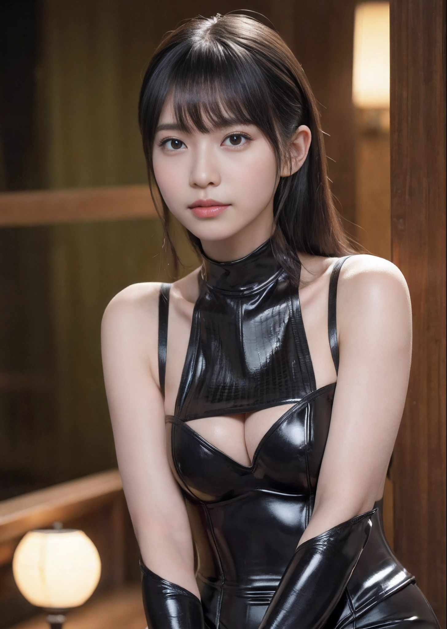 A slight smil,BDSM,Slave,rubber,Black corset,shackle,gargantilha,NSFW,((top-quality、8K、​masterpiece:1.3))、Crisp focus:1.2、(layers-Cut、large boob:1.2),Beautiful woman with perfect body shape:1.4、Slender Abs:1.2、a wet body:1.5、Highly detailed facial and skin texture、A detailed eye、二重まぶた,Long、(cammel toe)、Night city、Bokeh background