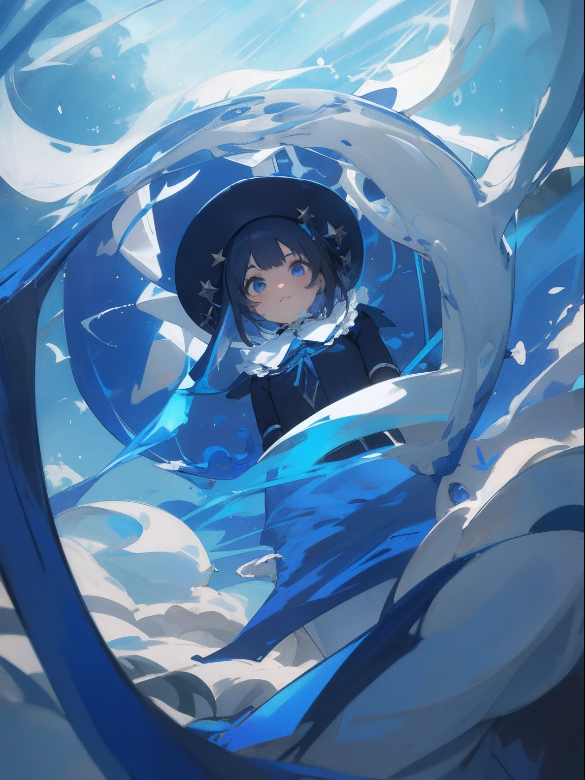 masterpiece, top-quality, 1girl in, The upper part of the body, Peeping、 shorth hair, , A dark-haired, 、Ultramarine clothing, frilld、Angle from below
