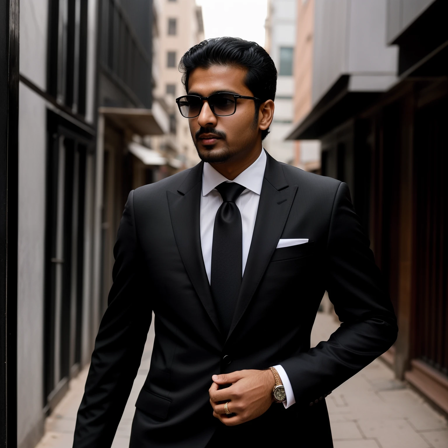 there is a man in a suit walking down the street, mohamed chahin style, wearing black suit, inspired by Saurabh Jethani, jayison devadas, formal attire, inspired by Bikash Bhattacharjee, candid picture, mohamed chahin, taken with sony alpha 9, wearing black grey suit, professional profile picture, stylish pose, khyzyl saleem
