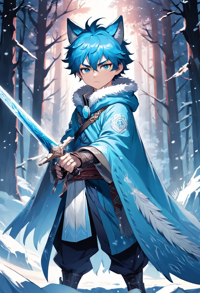 Male human cubs，Has wolf ears，Holding a gorgeous ceremonial sword in his hand，The expression is indifferent，Surrounded by ice crystals， eye-catching detailed art style,，stunning art style, stunning digital illustration, Arte conceitual de inverno, Beautiful digital artwork, High quality wallpaper, High quality anime art style, 1024px, concept art style
