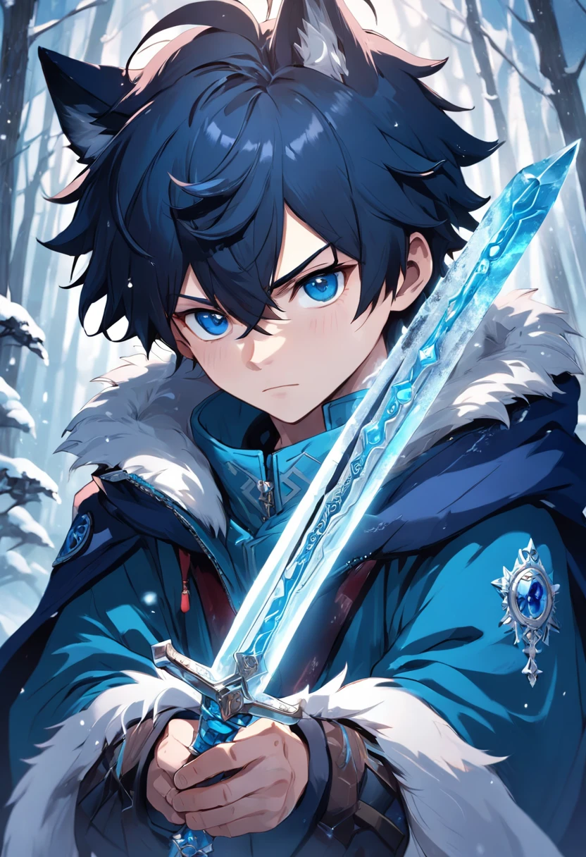 Male human cubs,Has wolf ears,Holding a gorgeous ceremonial sword in his hand,The expression is indifferent,Surrounded by ice crystals, eye-catching detailed art style,,stunning art style, stunning digital illustration, Arte conceitual de inverno, Beautiful digital artwork, High quality wallpaper, High quality anime art style, 1024px, concept art style