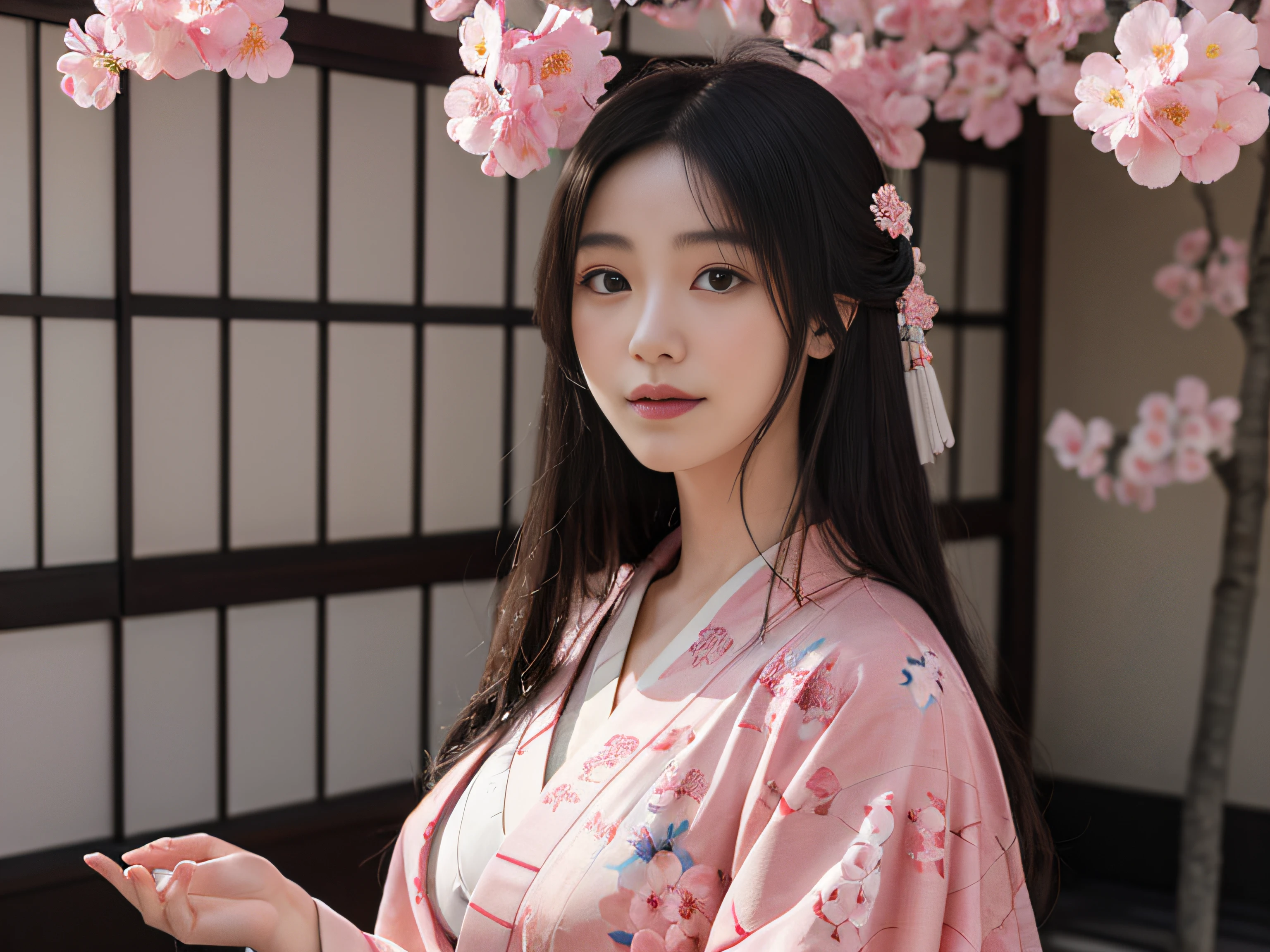 Anime character with long hair and pink kimono, inspired by Nishikawa Sukenobu, portrait onmyoji, sakimichan, sui ishida art manga, inspired by Miyagawa Shunsui, beautiful character painting, hoshino yukinobu, a beautiful kitsune woman, from sengoku period, anime visual of a young woman、Gorgeous kimono(Floral pattern)、large full breasts、ssmile、slender high nose、Hooime