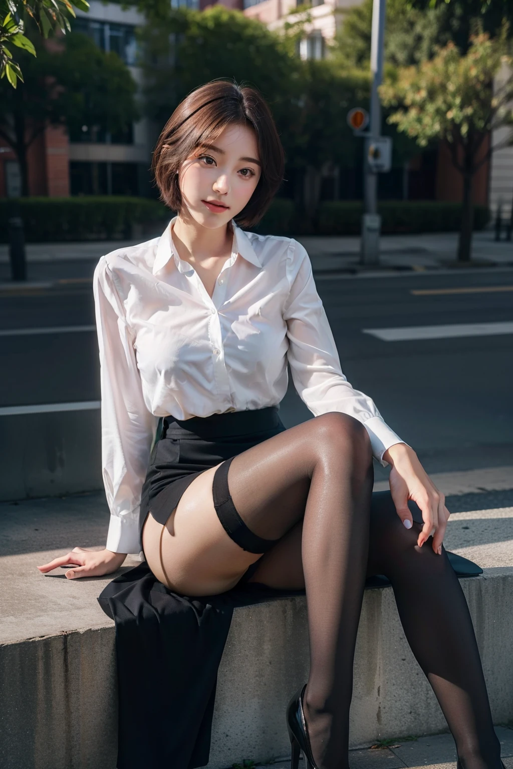 Best quality, Full body portrait, Delicate face, Pretty face, 18-year-old woman with short hair, perfect bodies, Large bust, office lady uniform,, Glossy black stockings, Outdoor scene, Sitting position,8K UHD,Detailed clothing materials、Light sense,digital SLR camera,photorealistic realism