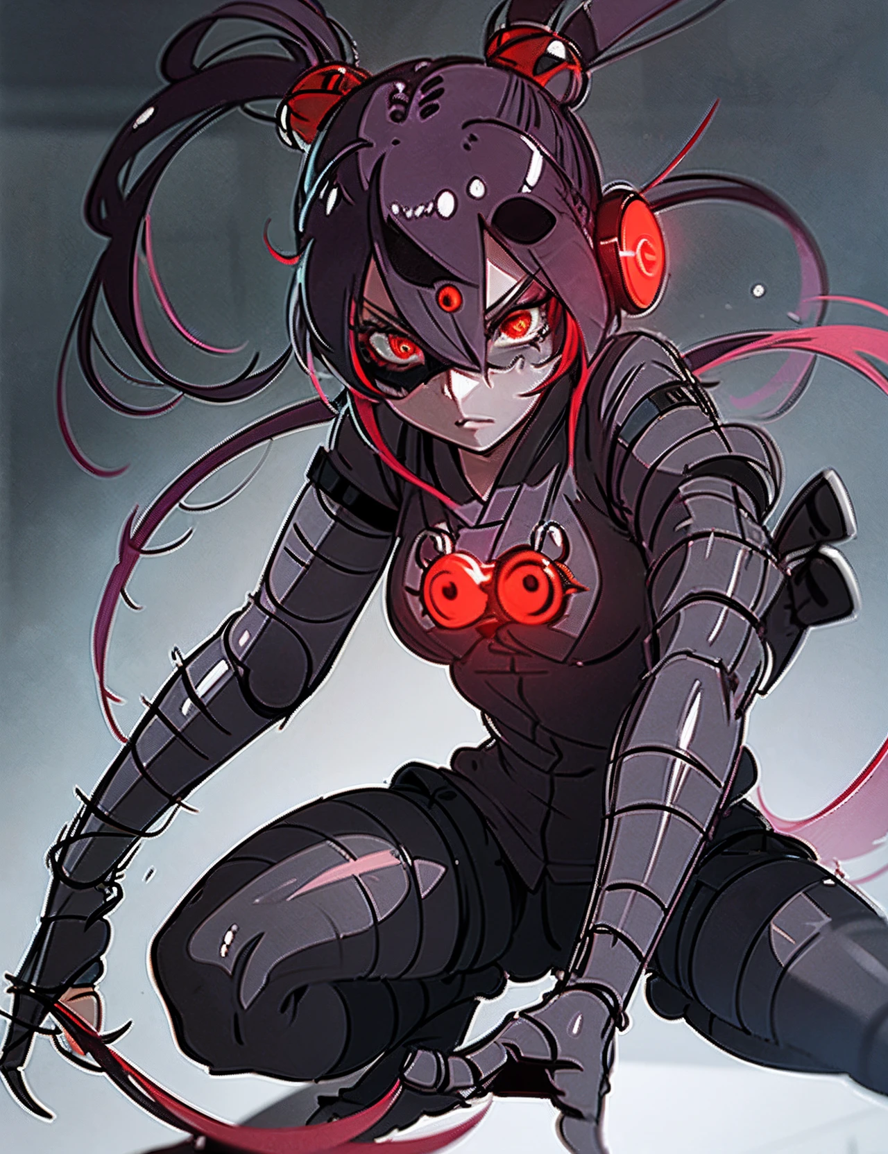 Beautiful girl fused with a spider. Kunoichi. Ninja Woman. Female Solo. Red glowing eye mask. eye mask.Spider legs.
