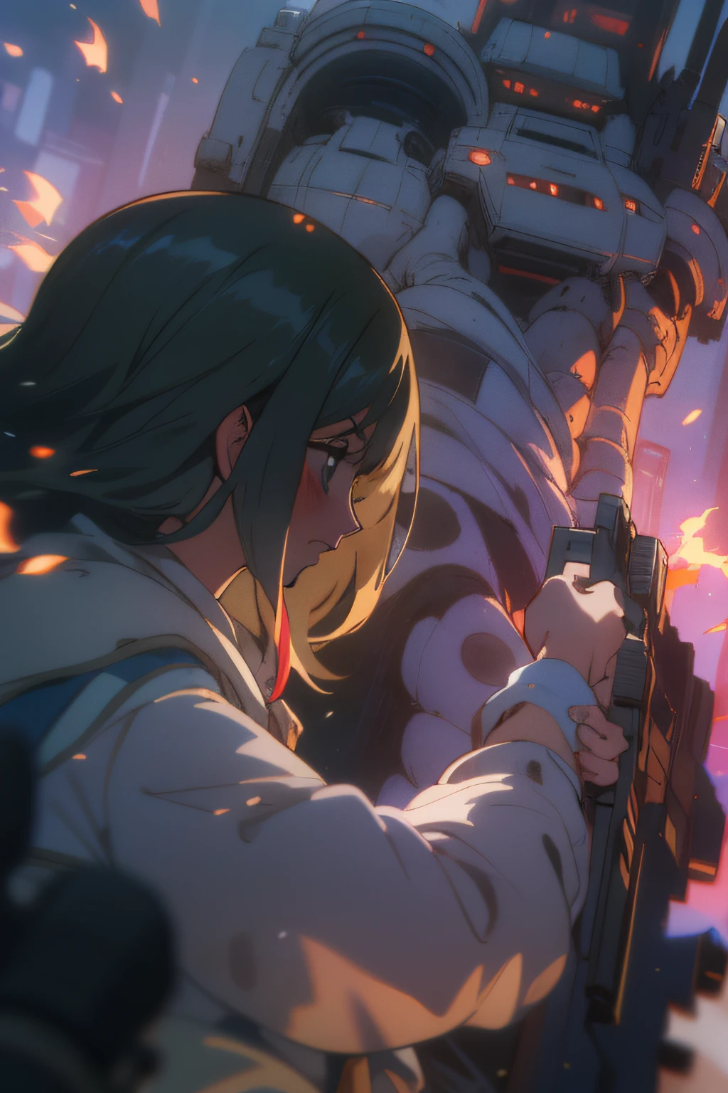 Overhead cities of the future, spaceship, A couple holding guns back to back, sideface, There was a fire explosion, The face is clear, High picture detail, flustered, streaked hair, anime style, anime, Futurism, high detail, depth of field, cinematic lighting, chiaroscuro, sideways, super detail, masterpiece