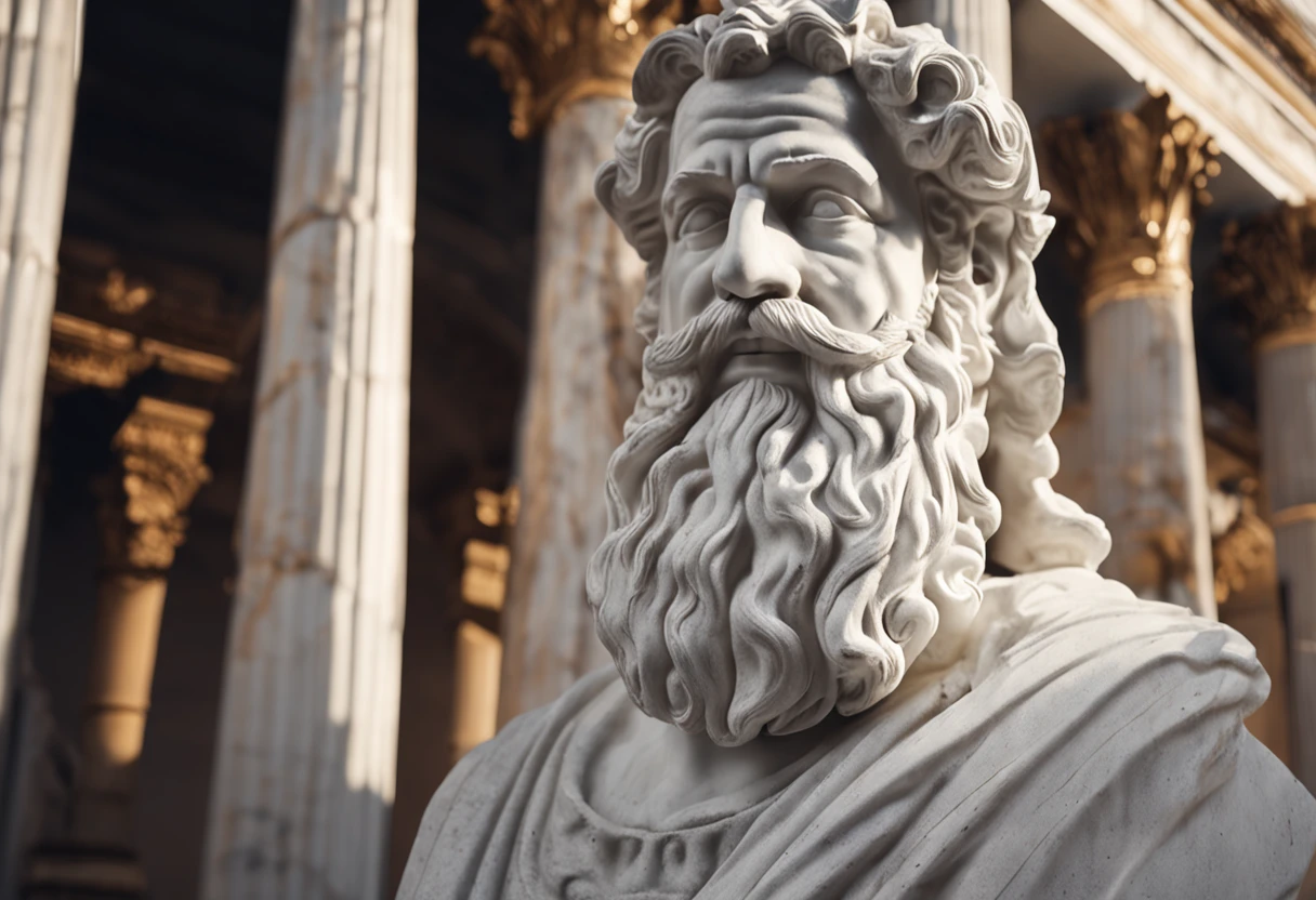 White marble statue of bust of wise man with Greek beard philosopher style in temple. atmosfera escura, ato contraste de luz e sombra, fotografia profissional, utrarealista, volumetric light, cinemactic, templo grco-romano