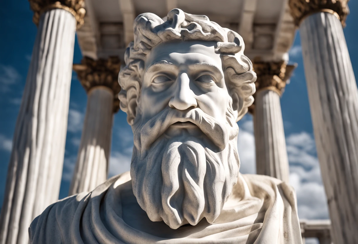 White marble statue of bust of wise man with Greek beard philosopher style in temple. atmosfera escura, ato contraste de luz e sombra, fotografia profissional, utrarealista, volumetric light, cinemactic, templo grco-romano