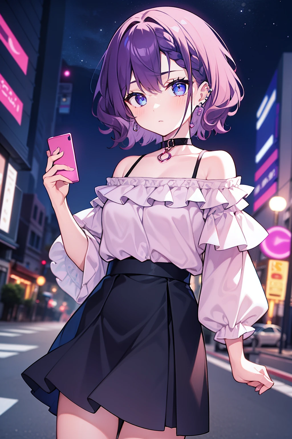 masterpiece, best quality, 1girl, short hair, shoulder-length hair, purple hair, curly hair, side braid, blue eyes, sharp eyes, expressionless, pink off shoulder blouse, black skirt, piercings, in the street, dark street, in the night, holding a smart phone
