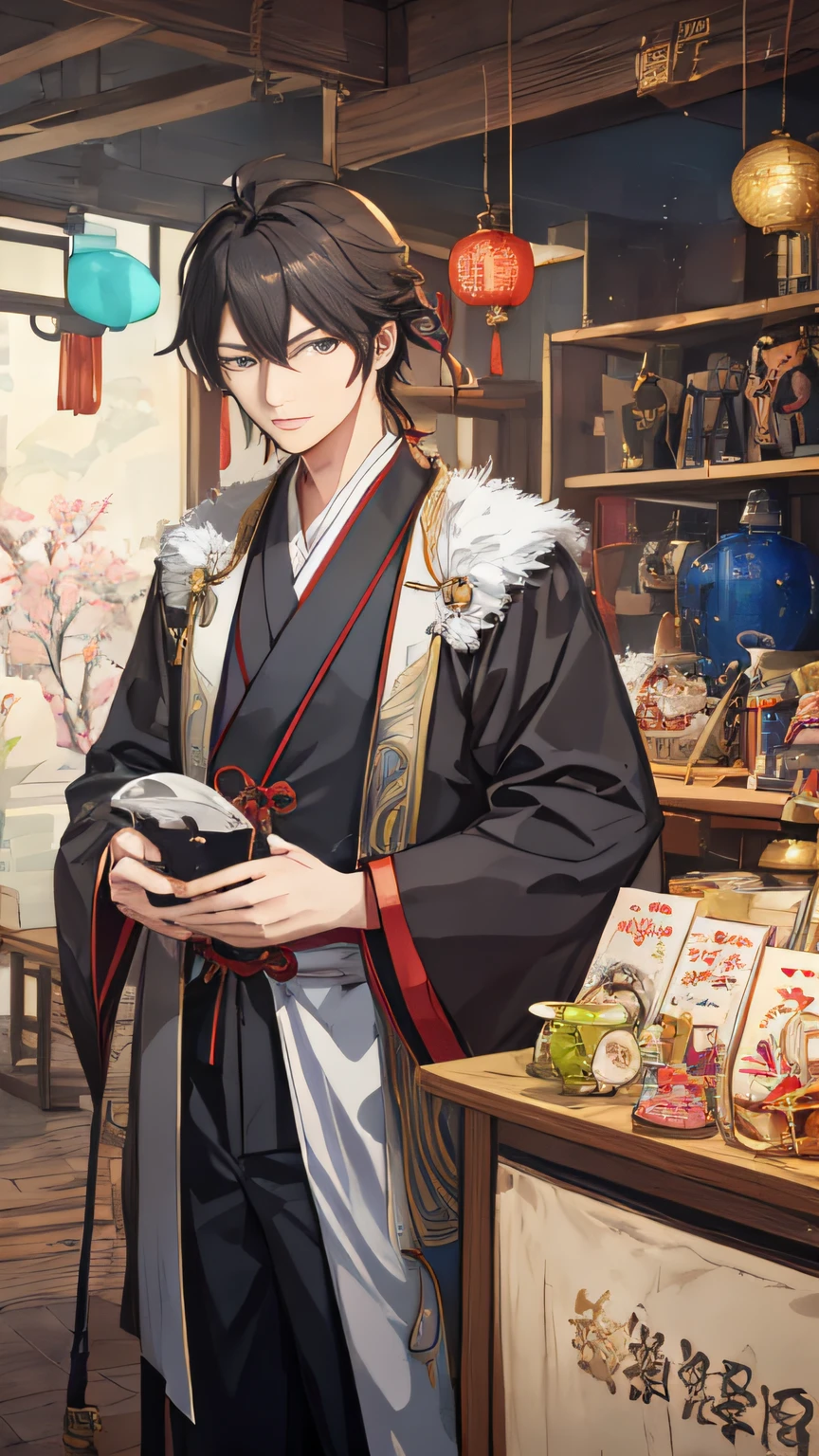 Anime - a stylistic image of a man in traditional Chinese clothes standing in a store, ((wearing aristocrat robe)), Inspired by Cao Zhibai, hijikata toushirou of gintama, inspired by Chen Daofu, hijikata toushirou, he is in a alchemist lab, inspired by Itō Ogura Yonesuke