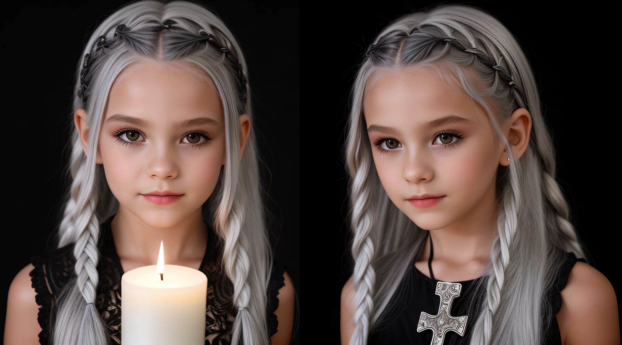 SILVER HAIR BRAIDS KIDS CABELO LONGO, Gothic cross, cruz, CROSSES WITH LIT CANDLES in hand.