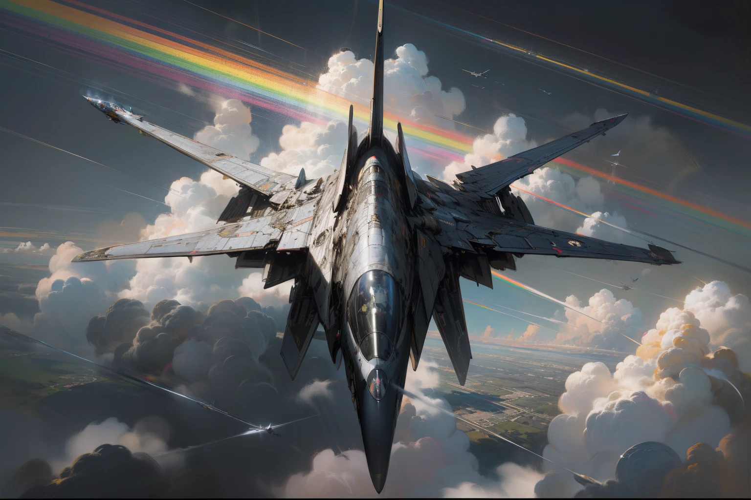 exudes realism, symmetry of one jet fighter with rainbow colors speed line, flying above the clouds, reflection, symmetry, oil painting with fine art, 16k resolution, high contrast, hyper real, intricate detailed, ultra quality, best quality, expert precision including intricate examples of undeniably amazing image quality and detailed design, intricate detailed gothic texture,
