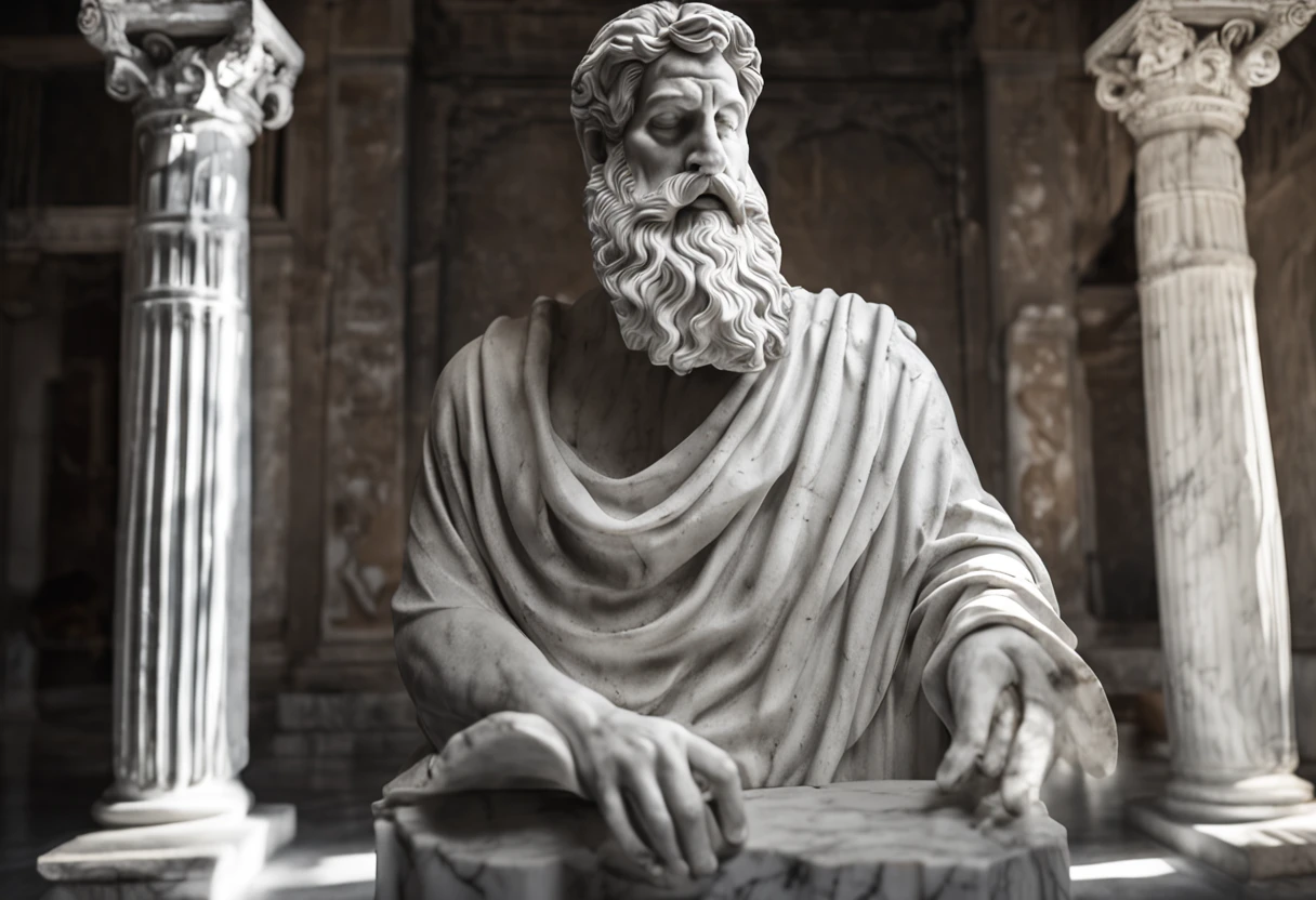 White marble statue of the bust of the wise man with the style of the Greek beard philosopher inside a temple. atmosfera escura, ato contraste de luz e sombra, fotografia profissional, utrarealista, volumetric light, cinemactic, templo grco-romano