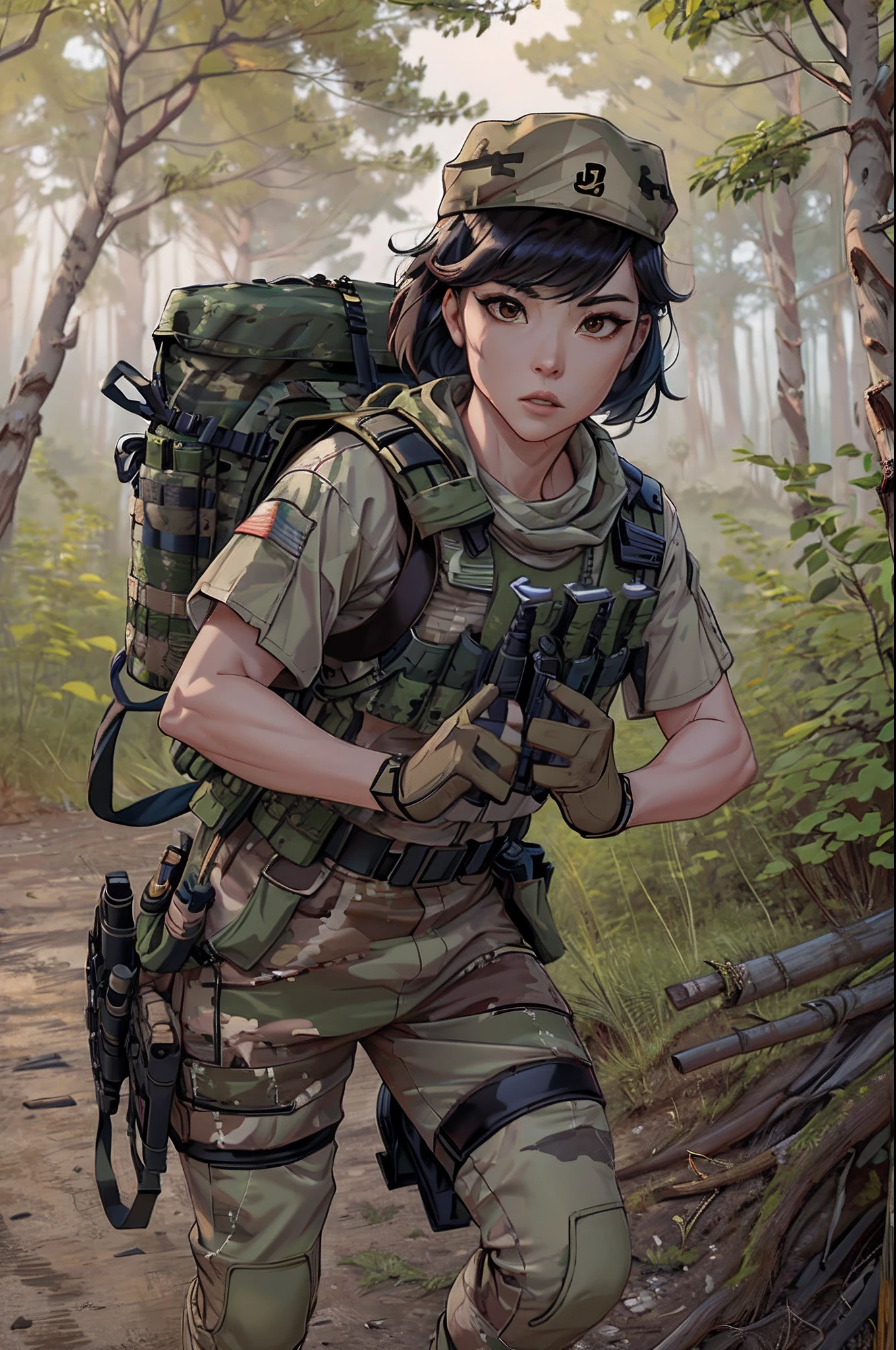 (tmasterpiece、top-quality、超A high resolution、Photorealsitic、3/5 lenses)、High detail skin、Beautiful Chinese female liberation army、Slender physique、delicated face、Short brown hair、Camouflage cap、Woodland camouflage military uniform、tactical vest、Woodland camouflage pants、Red armbands,Military undershirt,Fit your body、Combat gloves、rucksack、foco nítido、in woods、White smoke、Detailed facial and chest depictions、detailed hand depiction、Dynamic action,soft focus,blur backgroun