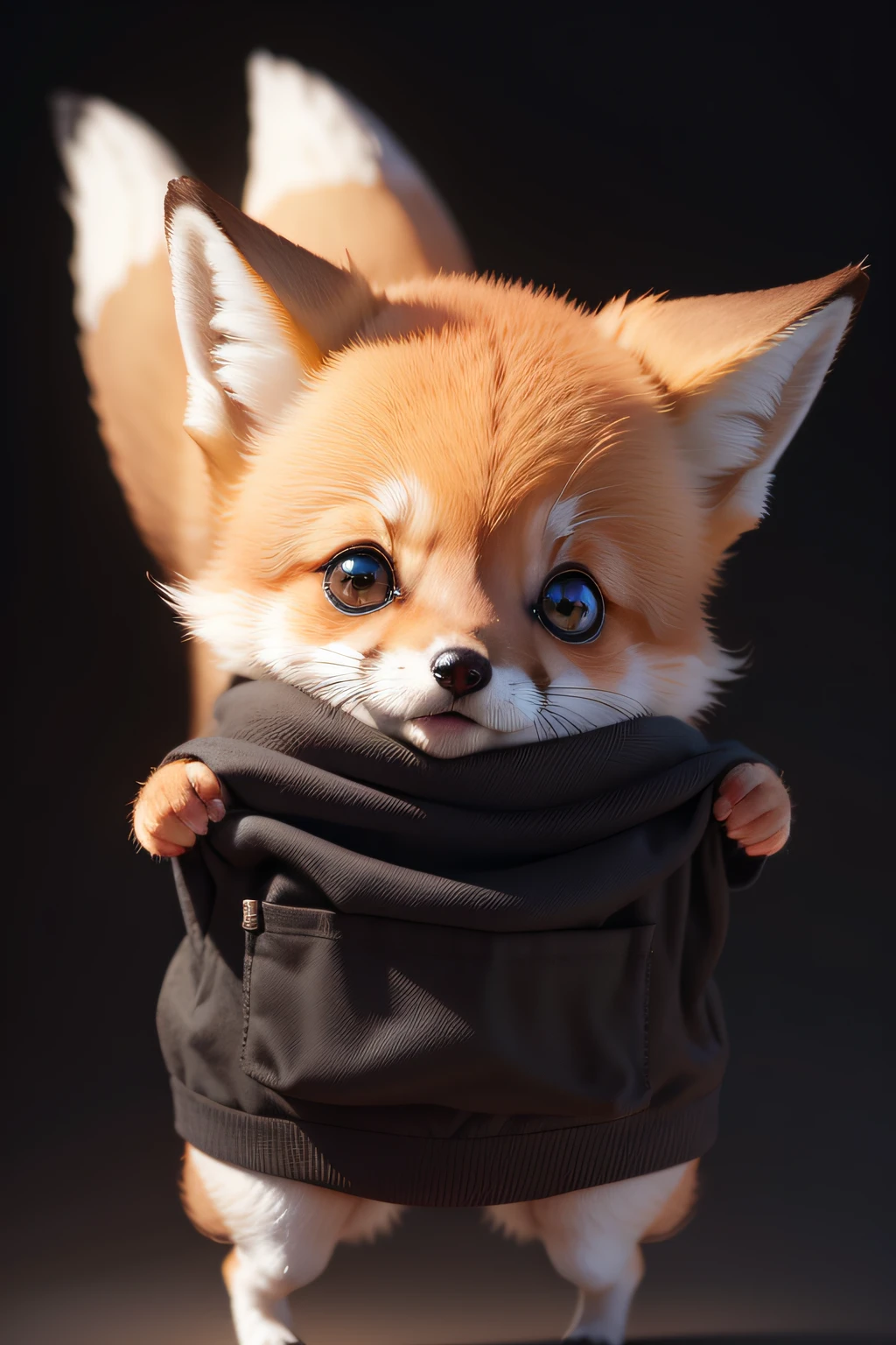 a cute image of a baby fox poking his head out of a pocket, black background