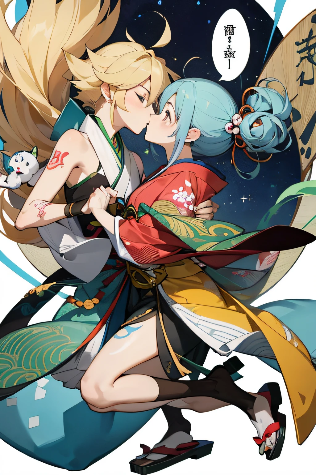 best qualtiy:1.0),(超高分辨率:1.0),Anime boys,God Messenger。author:mika pikazo,the complex background,solo person,The color hair,Only people,Tattooed with,Flashy clothes,ukiyoe painting,Old Japanese style,in a panoramic view,large scene,Kamimei,Two people,Intimate contact,kiss