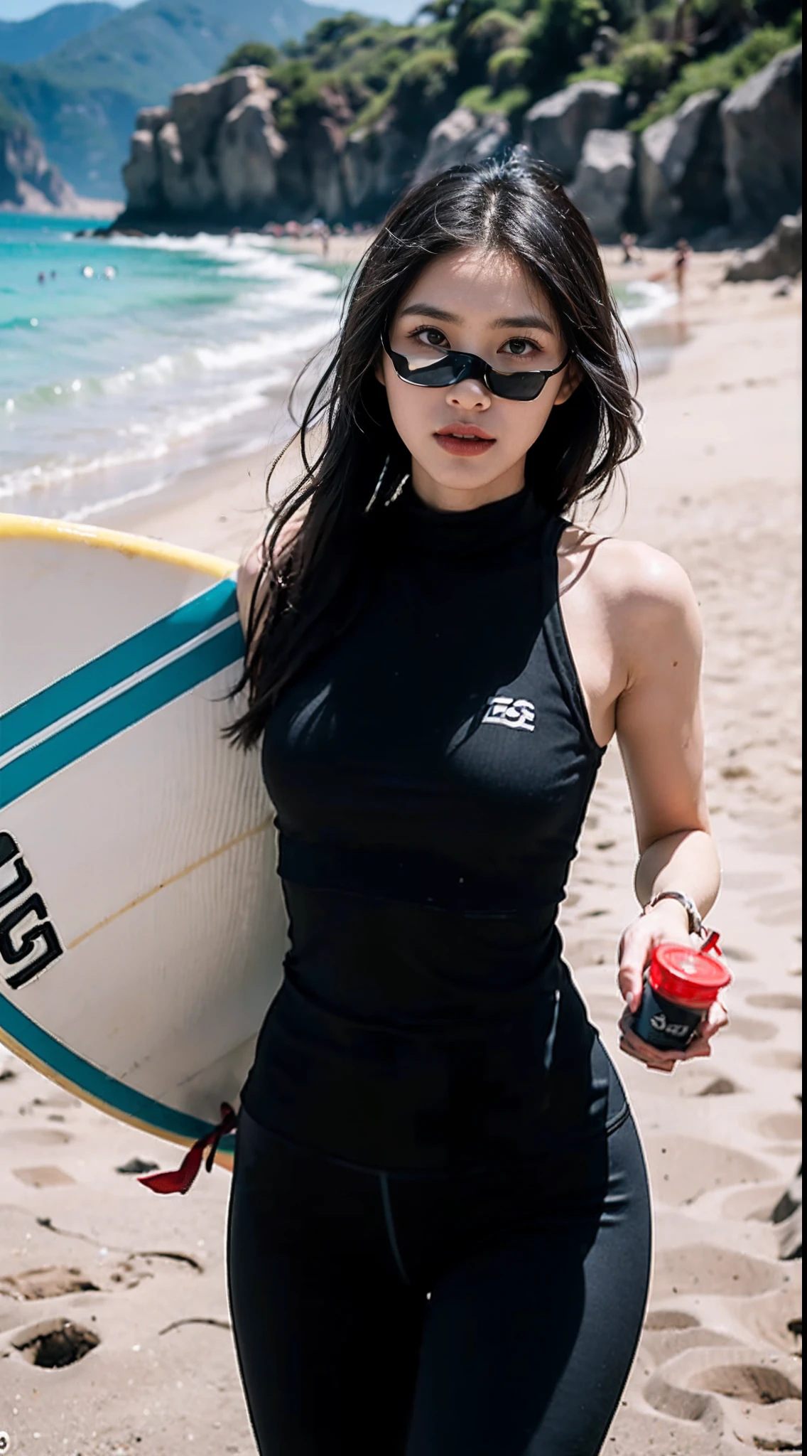 On a beautiful beach,A girl walks on the beach with a surfboard,dynamicposes,toned figure,Wear sports tights,Sporty aesthetics, Unreal Engine5, Cinematic, Color grading, Portrait photography, Ultra-wide angle, Depth of field, Hyper-detailed, beautifully color-coded, insanely details, Intricate details, beautifully color-graded, illusory engine, Cinematic , Color grading, editorial photography , Photography, photoshoot, Shot on 70mm lense, Depth of field, degrees of freedom, Tilt Blur, Shutter speed 1/1000, f/22.