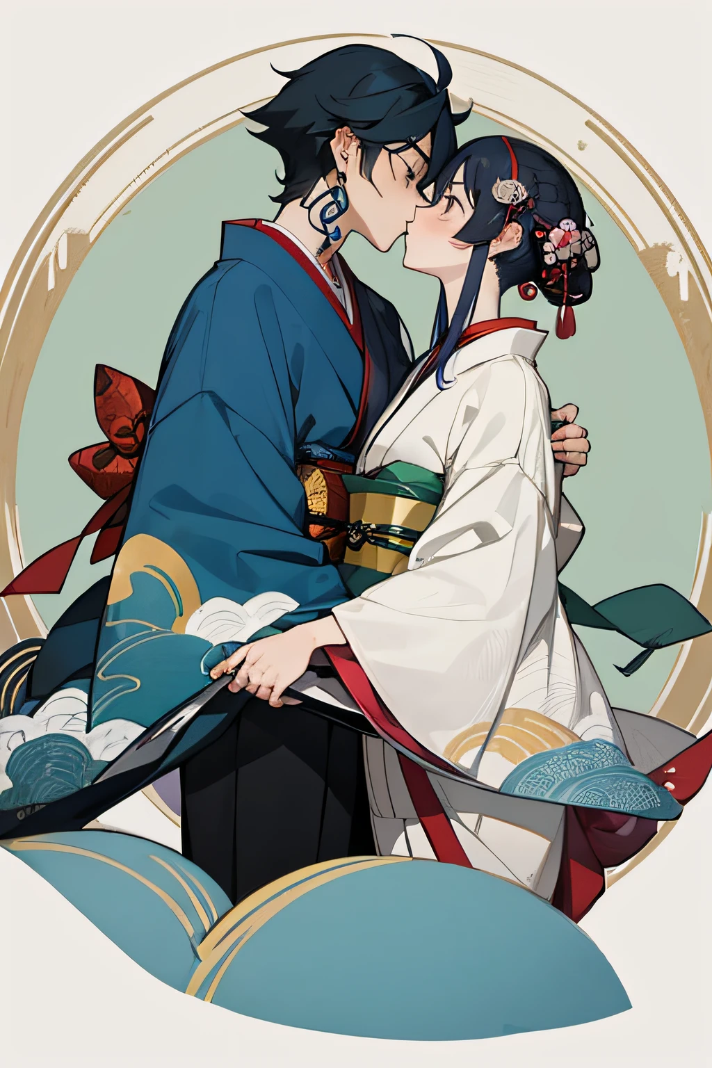 best qualtiy：1.0），（超高分辨率：1.0），Anime boys，God Messenger。author：mika pikazo，the complex background，solo person，The color hair，Only people，Tattooed with，Flashy clothes，ukiyoe painting，Old Japanese style，in a panoramic view，large scene，Kamimei，Two people，Intimate contact，Kiss