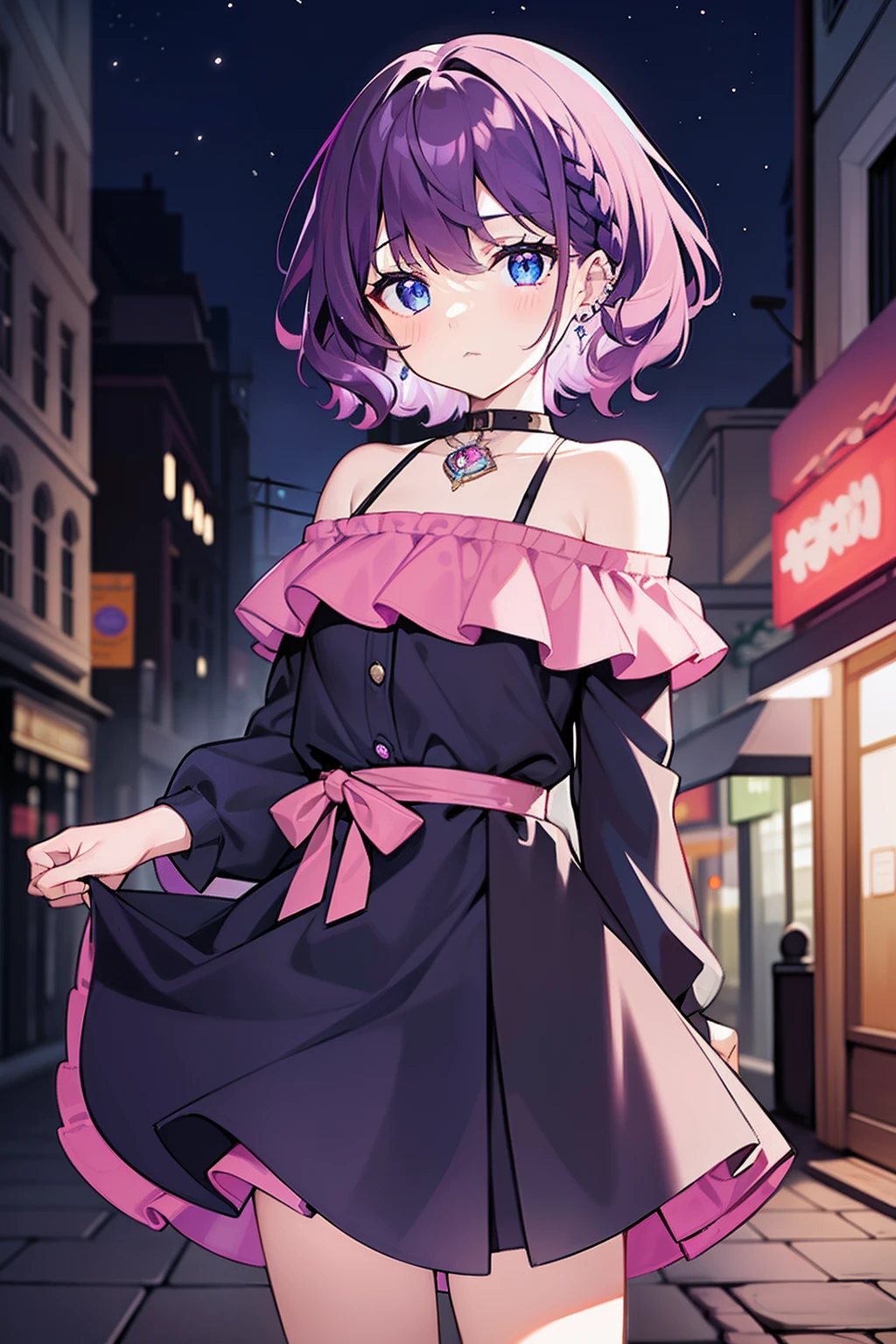 masterpiece, best quality, 1girl, short hair, shoulder-length hair, purple hair, curly hair, side braid, blue eyes, sharp eyes, expressionless, pink off shoulder blouse, black skirt, piercings, in the street, dark street, in the night, holding a bundle of bills