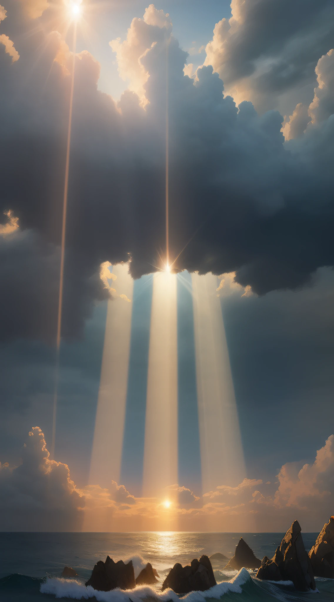 Sunlight shines through the clouds over the ocean,The foreground is rock, beams of light from sky, rays of god shining from above, shafts of light god rays, light coming from above, light coming from above, Sunlight breaks through the clouds, god light shafts, light of god, beam of light, holy light rays, sunlight penetrates the clouds, beam of light
