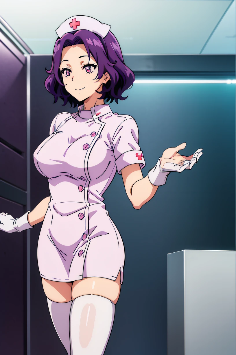 hamaoka azusa, purple eyes, purple hair, short hair, large breasts, solo, Nurse, ((White nurse cap, White nurse uniform)), ((White legwear, zettai ryouiki)), White Gloves, Smile, Standing, ((Hospital room)), sharp outline, Short sleeves, Best Quality, masutepiece