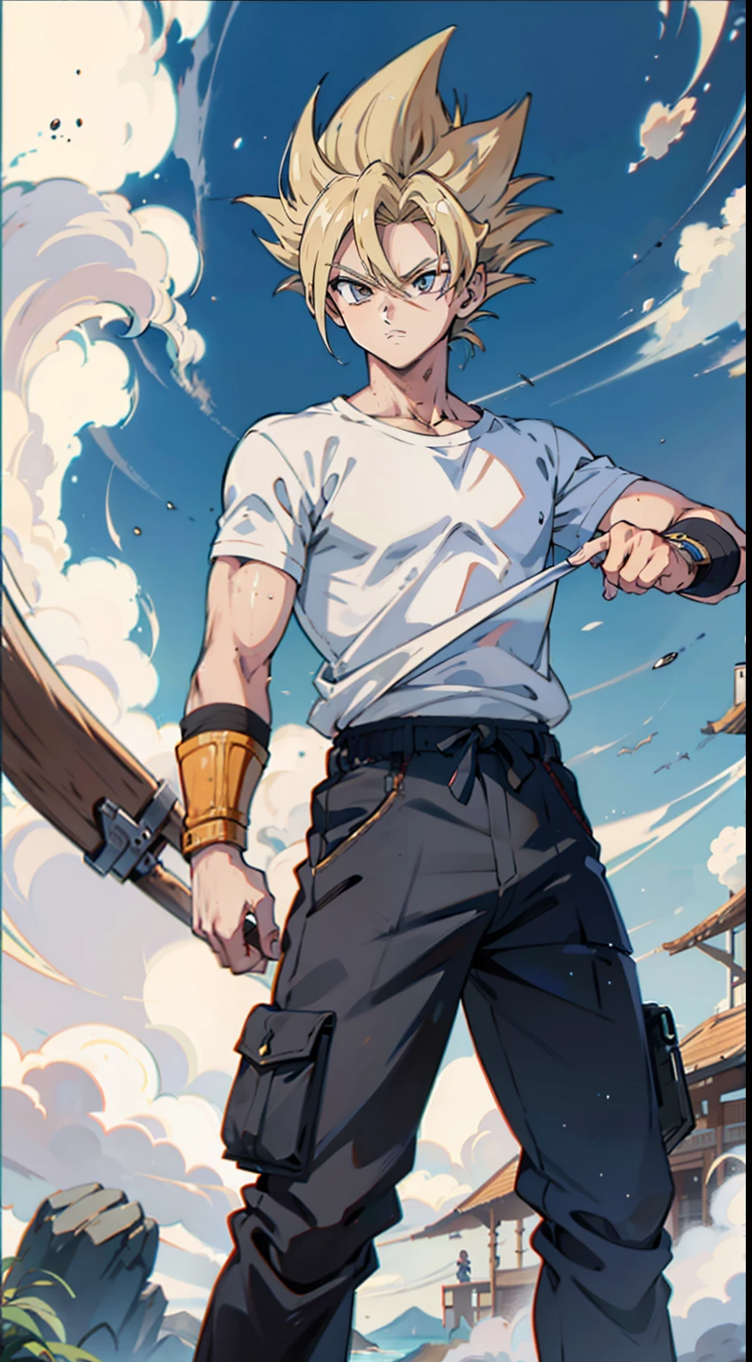 ((1garoto)) jovem, menino, masculino, blonde hair, olhos azuis, white t-shir, gray cargo pants, portanto, o smartwatch, gray cargo pants, sapatos esportivos brancos, desenho, anime, ((master part)) 4k, ((Estilo anime)) ((arte conceitual)) corpo inteiro, Standing, Super Saiyajin, Goku, sangue, batalha danificada