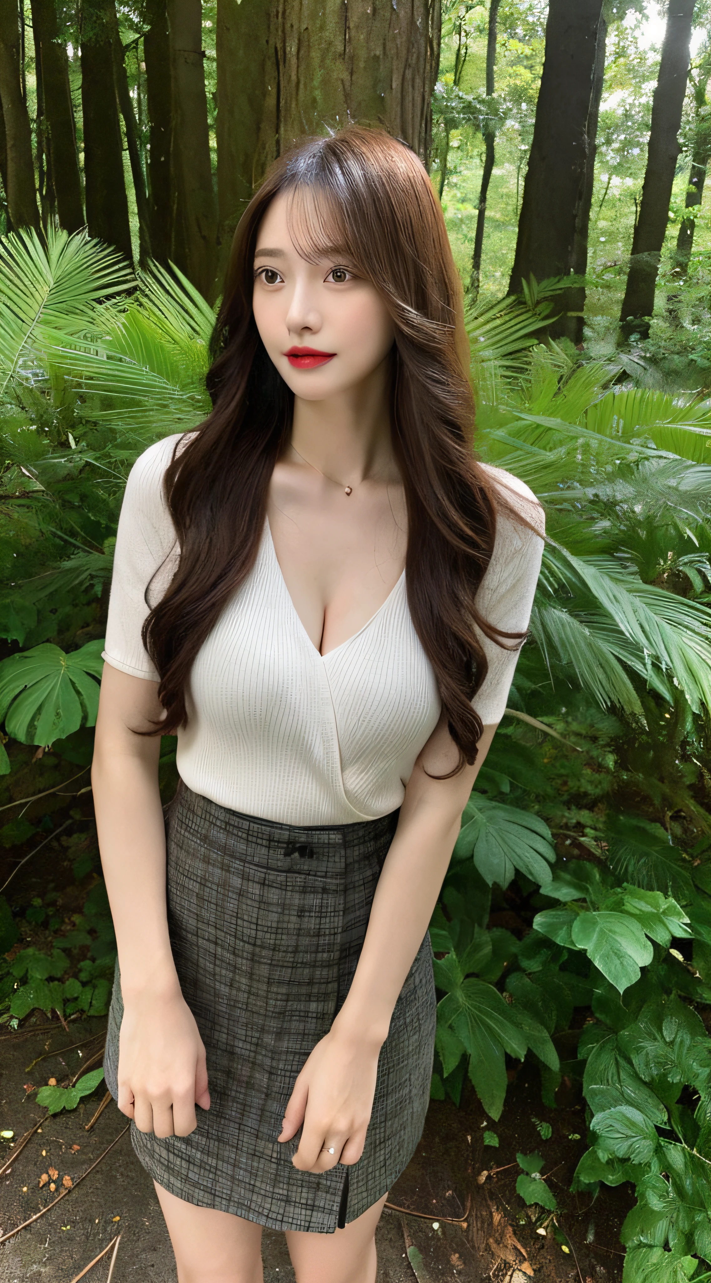 (Realistic, high resolution:1.3), 1 girl with perfect figure, Super fine face and eyes, Long hair, Wrap the chest,Skinny hip-wrapped skirt, ln the forest, Big breasts, Exposed cleavage,Long legs,high-heels,Full body photo
