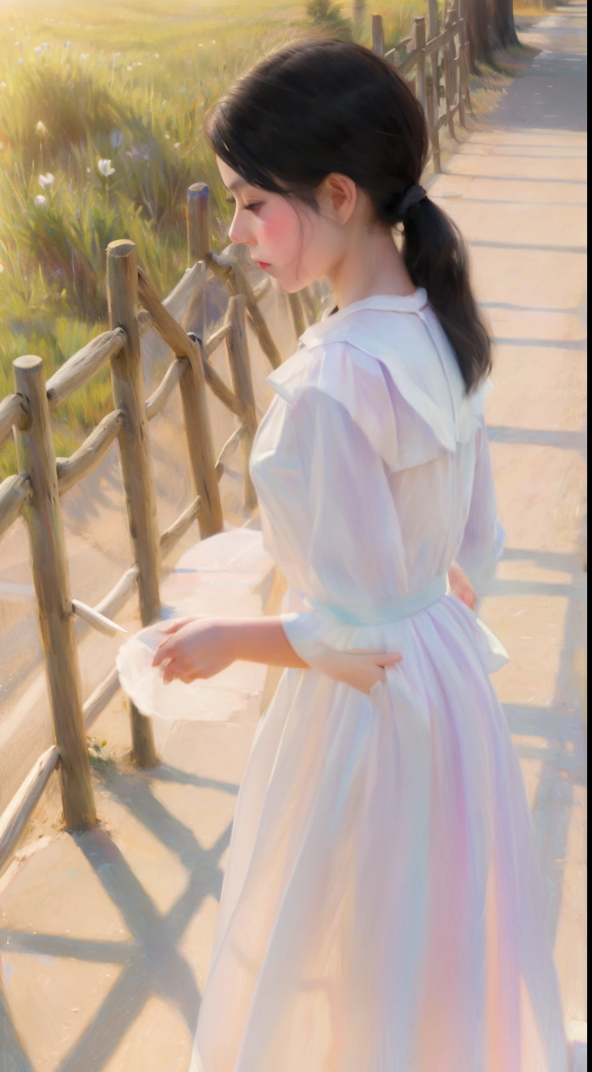 Best quality, Masterpiece, Highest resolution, realisticlying,A 13-year-old girl, Very beautiful, A pair of bright eyes,White and tender skin, The lip color is light red,The contour lines are clear, The chin is slightly raised, ccurateblack hair, Secure with delicate hairpins. dressed in(cyan colors|white colors)shift dresses,Embroidered with delicate moire,Stand on the street,rays of sunshine,Ray tracing,depth of fields,