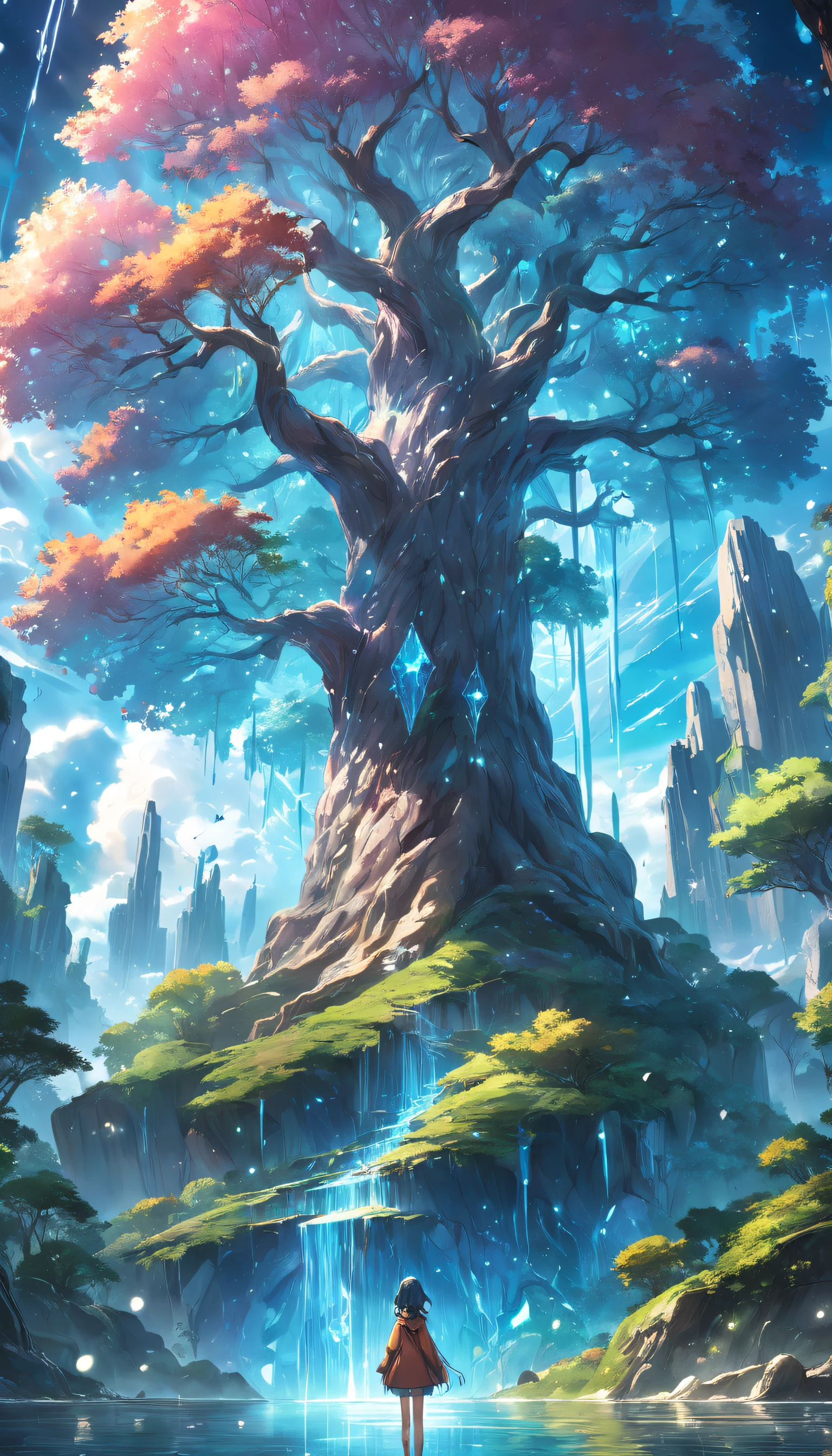 Illustration of a hyperrealistic , otherworldly, ultrasky scene featuring a giant crystal tree full body,very detailed and magical lighting, intricate forest details, vegetation and river around, solarpunk ,landscape, giant tree, beatifull leafy with beautiful lighting and realistic proportions, as if it were a cinematic background, 8k, highest quality, masterpiece, clouds and stars in the sky.