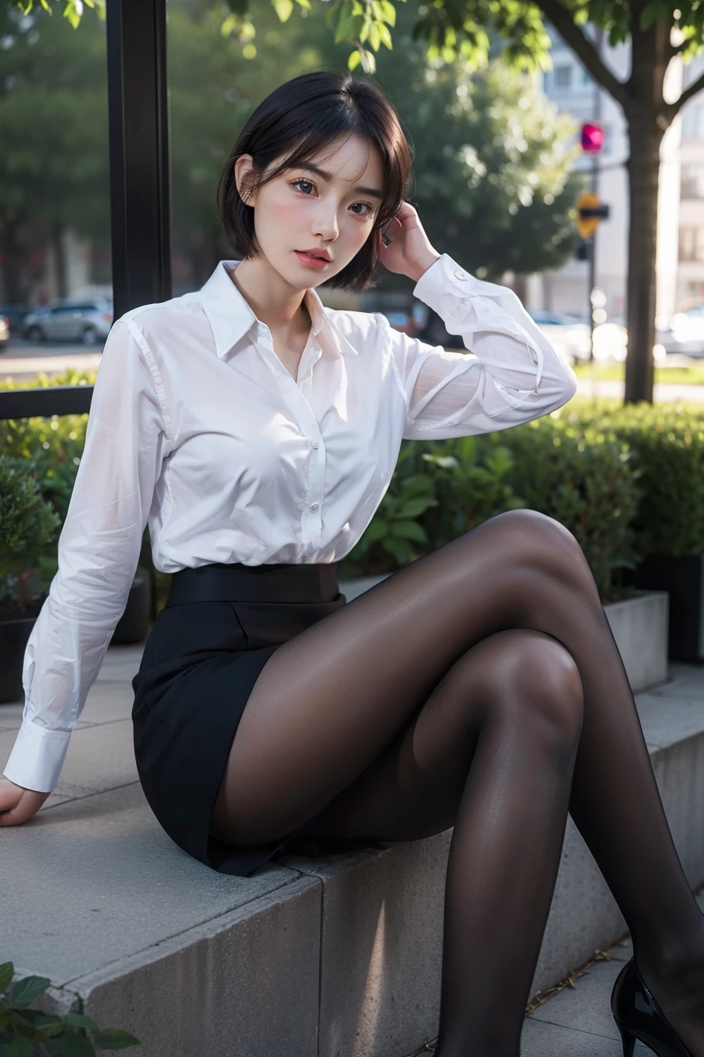 Best quality, Full body portrait, Delicate face, Pretty face, 18-year-old woman with short hair, perfect bodies, Large bust, office uniform, Glossy black stockings, Outdoor scene, Sitting position,8K UHD,Detailed clothing materials、Light sense,digital SLR camera,photorealistic realism
((very vey very detailed face))),((very detailed eyes and faces)))