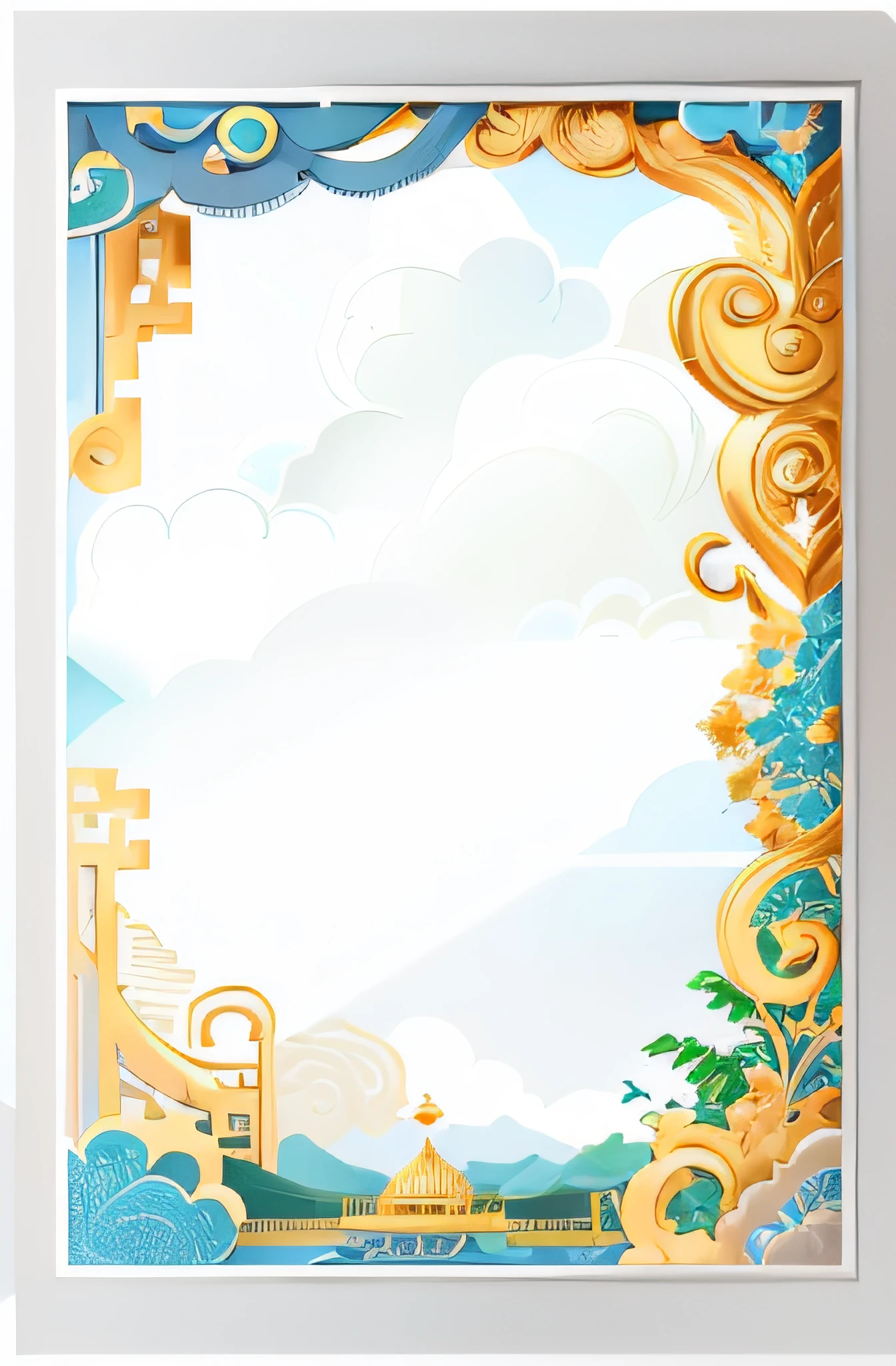 Gold frame，Auspicious clouds adorn the border，Card frame, game overlay, ornate border + concept-art, stylized border, game card frame, Card templates, ornate frame, ornate border, White border, medium frame, art piece frame, ornate border frame, inside stylized border, Blank background, tilted frame, whitespace border, decorative frame，Chinese style，Auspicious clouds adorn the border