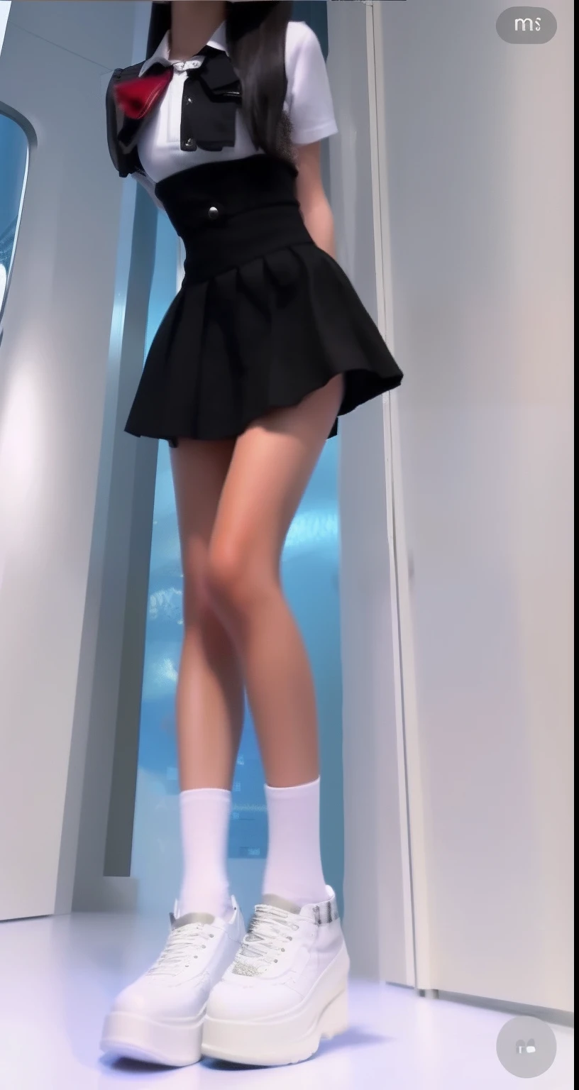 There is a woman in a short skirt and a white shirt posing, Black skirt, wearing dresses, Short skirt, Short black skirt, legs visible, thighhighs and skirt, wearing skirt and high socks, high-waist-black-skirt, mini-skirts, beautiful short skirt, 2 4 female model, Miniskirt, very low quality, Skirt