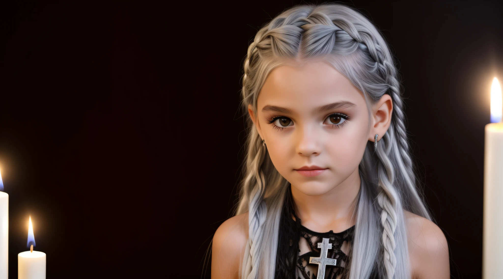 SILVER HAIR BRAIDS KIDS CABELO LONGO, Gothic cross, cruz, CROSSES WITH LIT CANDLES in hand.